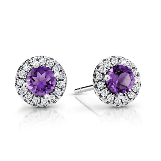 10K White Gold 4MM Round Gemstone Birthstone and White Lab Grown Diamond Halo Earrings | Gold Earrings For Women