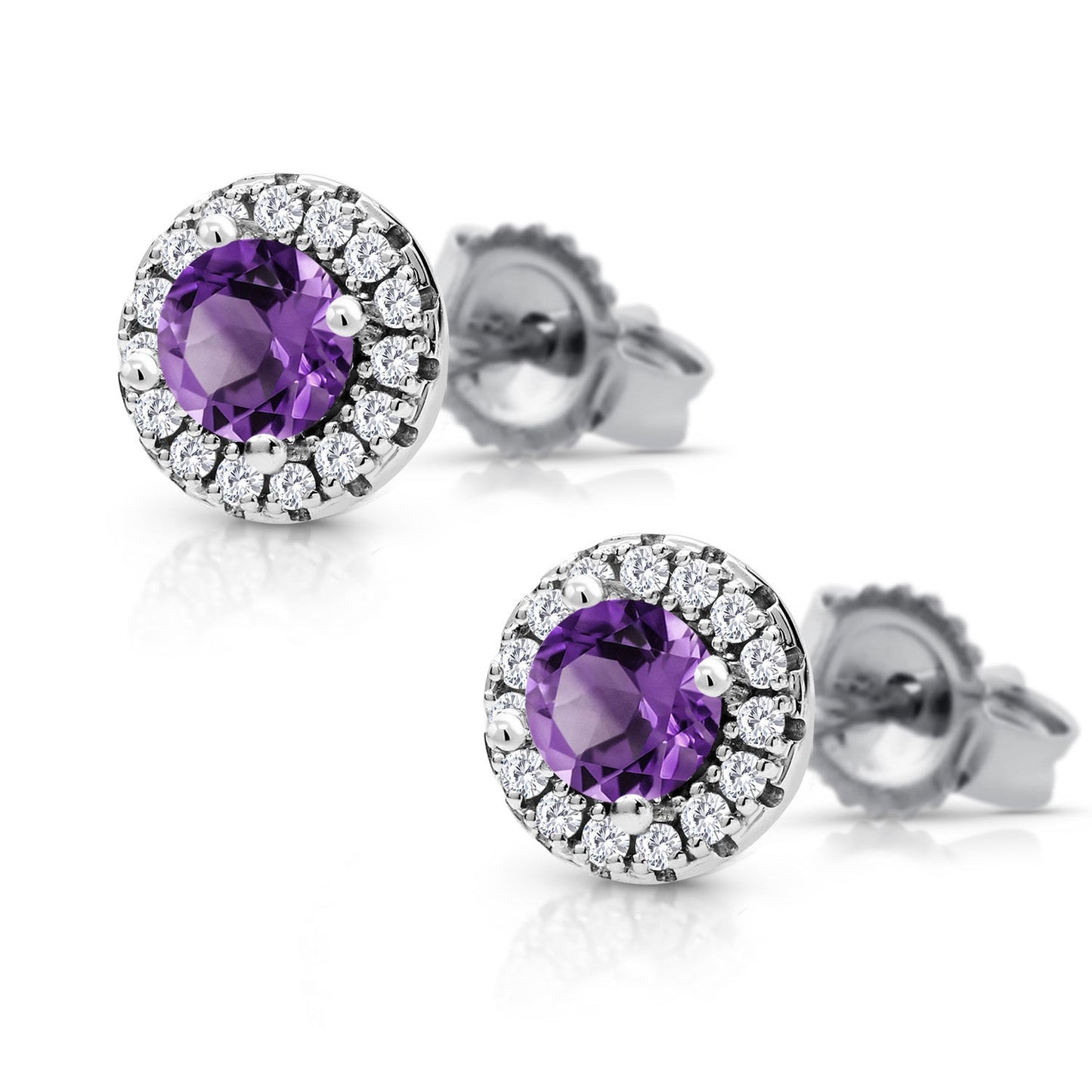 10K White Gold 4MM Round Gemstone Birthstone and White Lab Grown Diamond Halo Earrings | Gold Earrings For Women