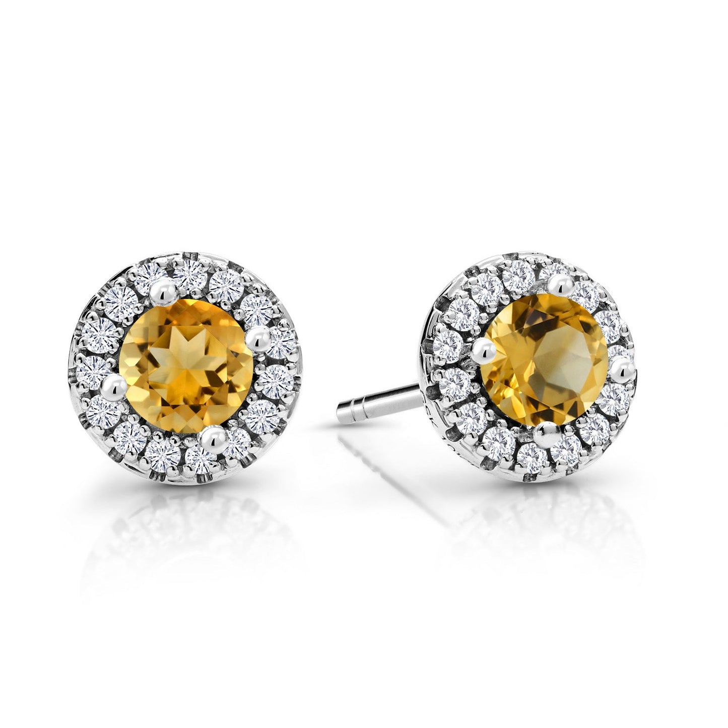 10K White Gold 4MM Round Gemstone Birthstone and White Lab Grown Diamond Halo Earrings | Gold Earrings For Women