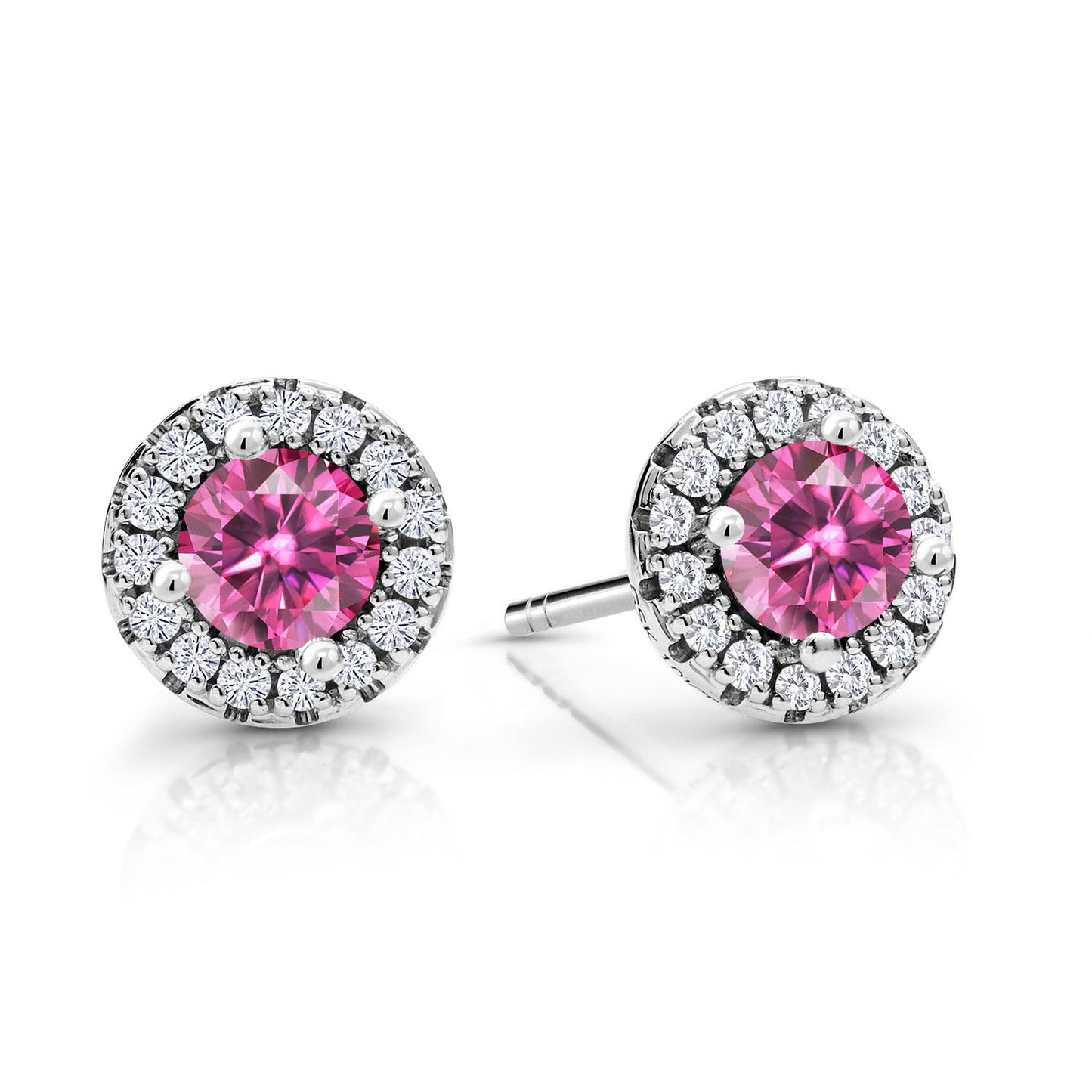 10K White Gold 4MM Round Gemstone Birthstone and White Lab Grown Diamond Halo Earrings | Gold Earrings For Women