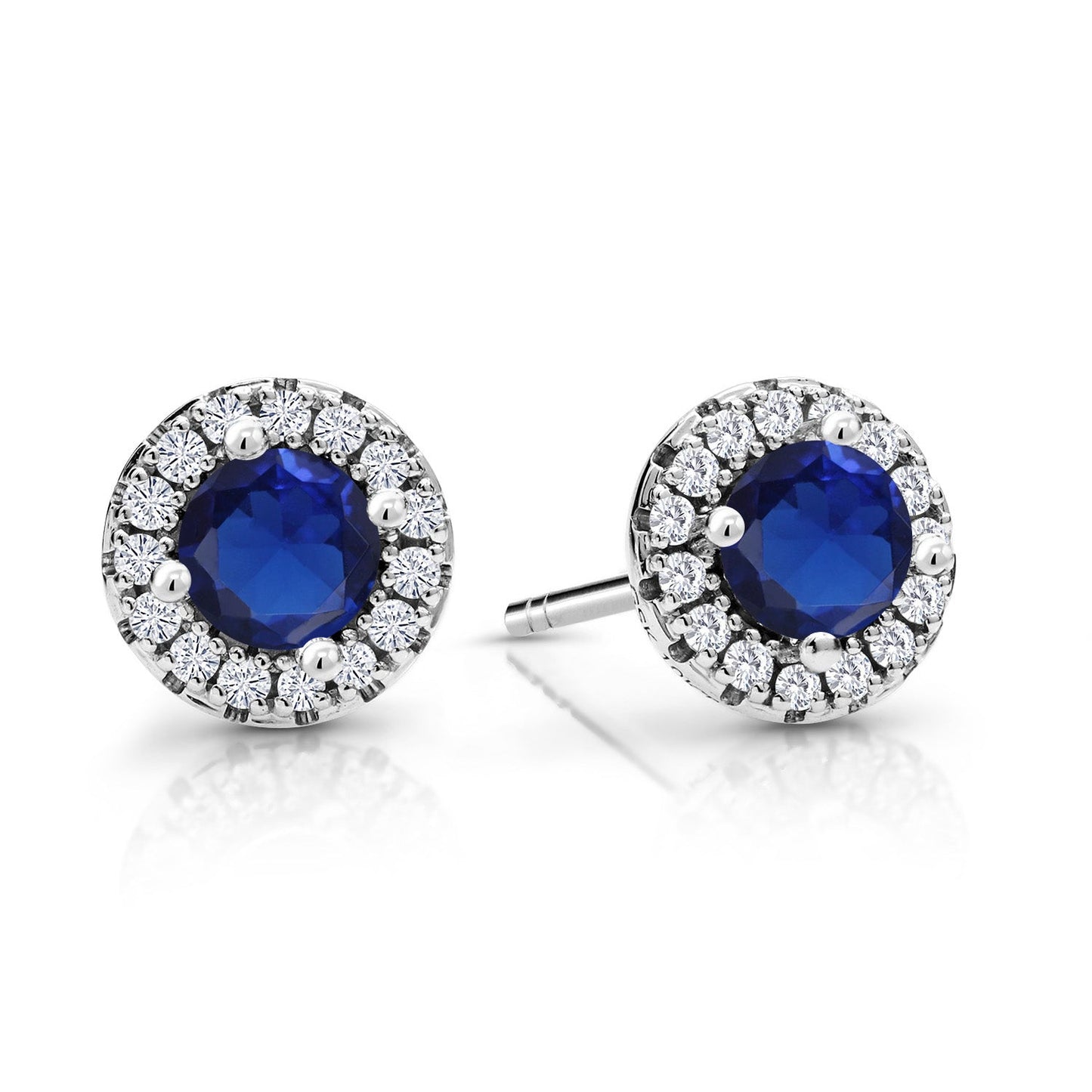 10K White Gold 4MM Round Gemstone Birthstone and White Lab Grown Diamond Halo Earrings | Gold Earrings For Women