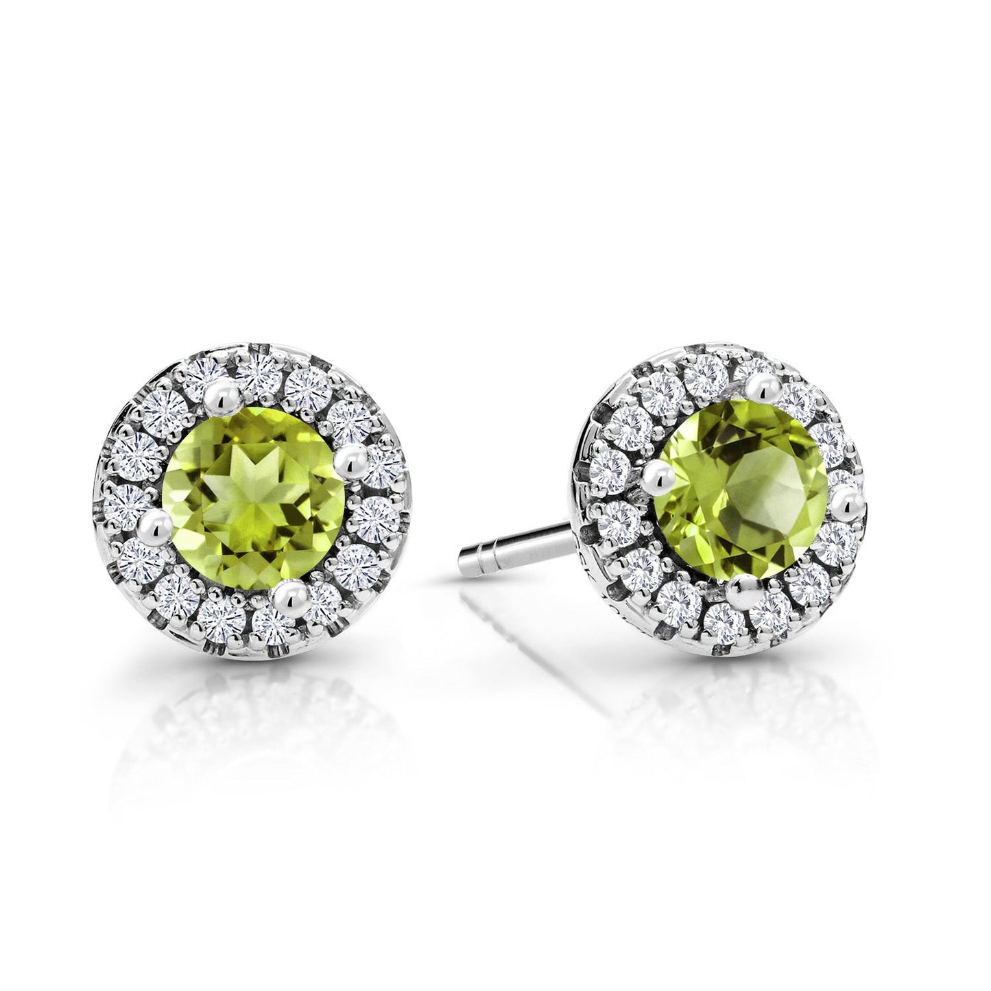 10K White Gold 4MM Round Gemstone Birthstone and White Lab Grown Diamond Halo Earrings | Gold Earrings For Women