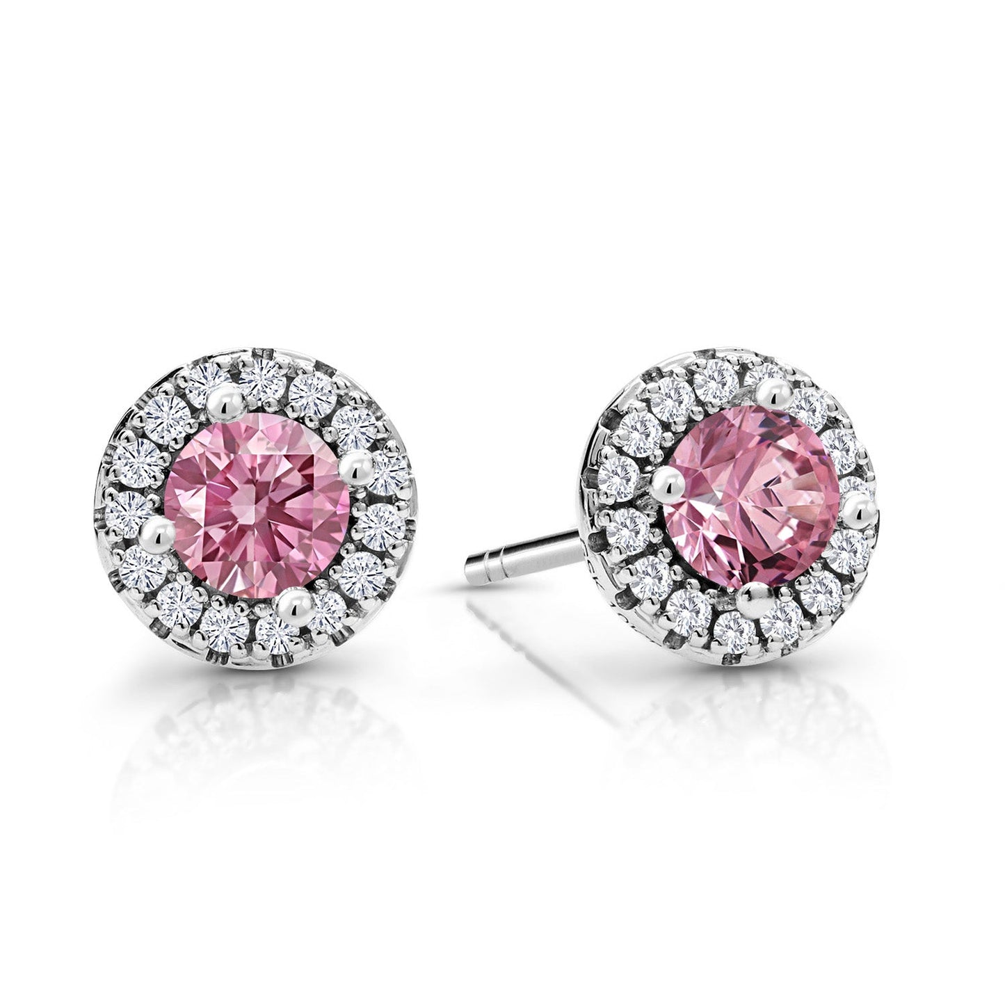 10K White Gold 4MM Round Gemstone Birthstone and White Lab Grown Diamond Halo Earrings | Gold Earrings For Women