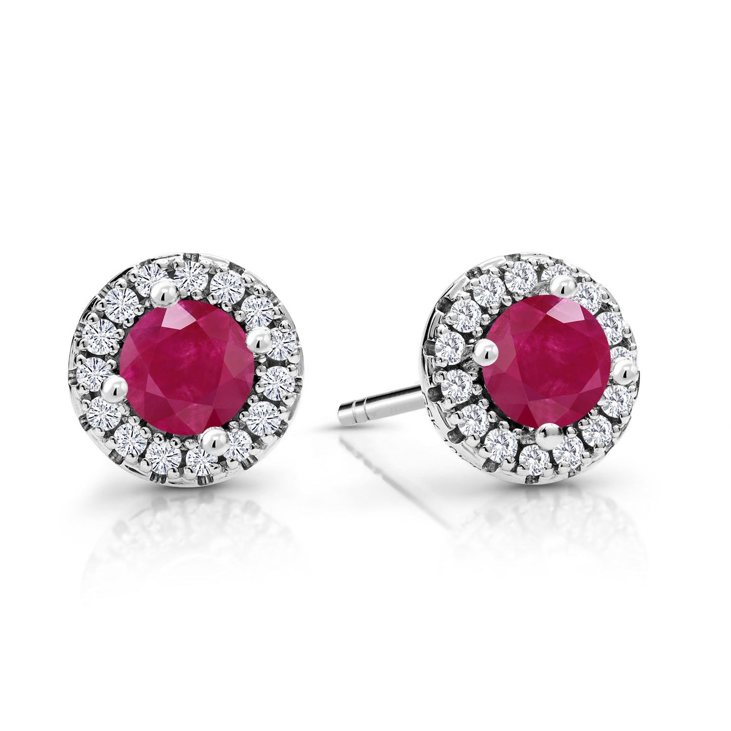 10K White Gold 4MM Round Gemstone Birthstone and White Lab Grown Diamond Halo Earrings | Gold Earrings For Women