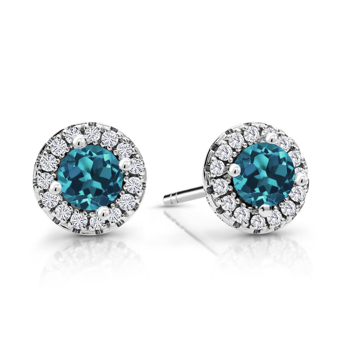 10K White Gold 4MM Round Gemstone Birthstone and White Lab Grown Diamond Halo Earrings | Gold Earrings For Women