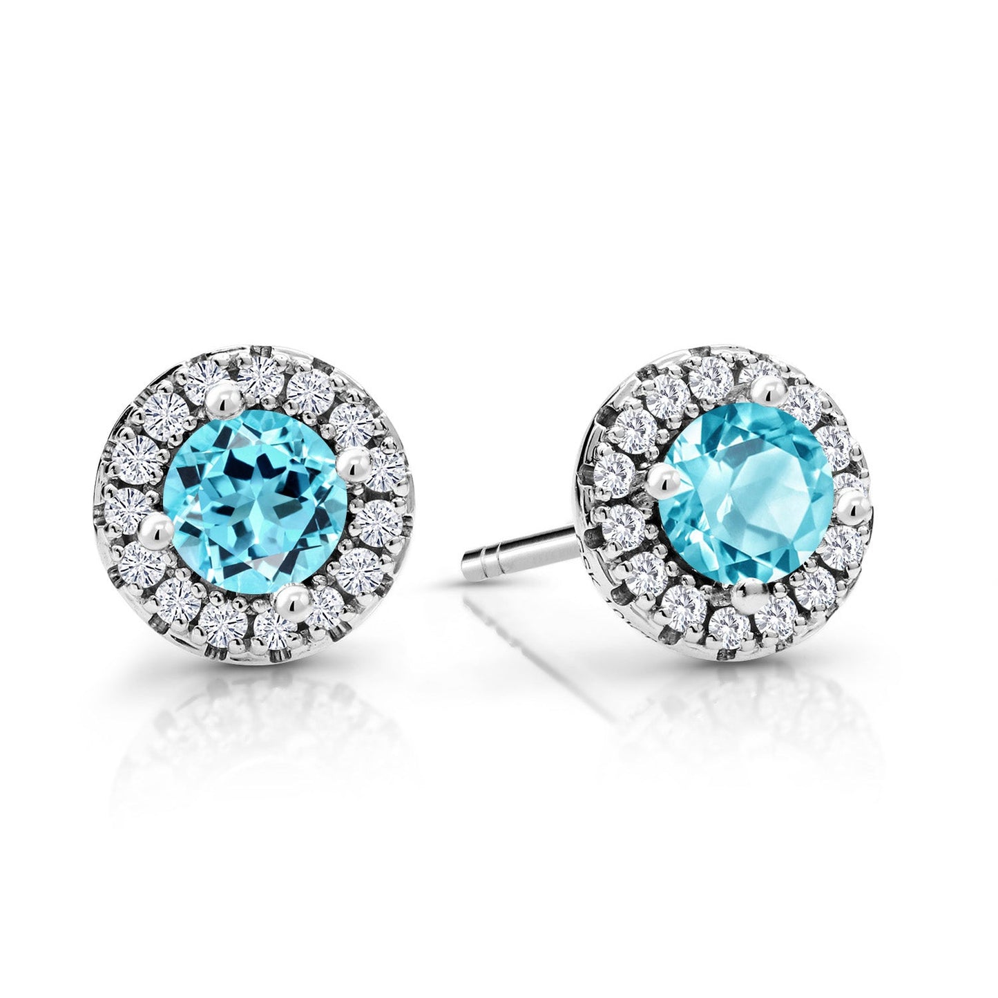 10K White Gold 4MM Round Gemstone Birthstone and White Lab Grown Diamond Halo Earrings | Gold Earrings For Women