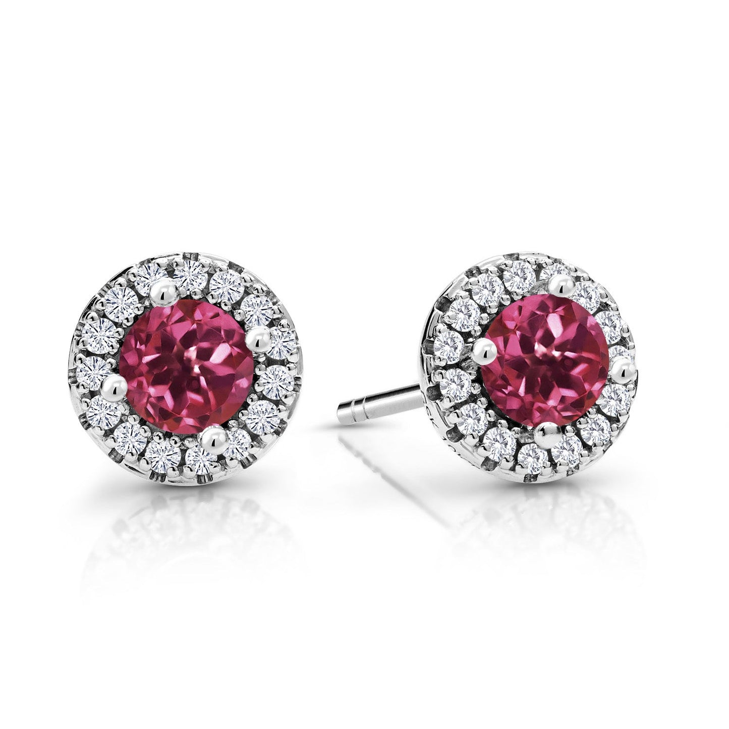 10K White Gold 4MM Round Gemstone Birthstone and White Lab Grown Diamond Halo Earrings | Gold Earrings For Women