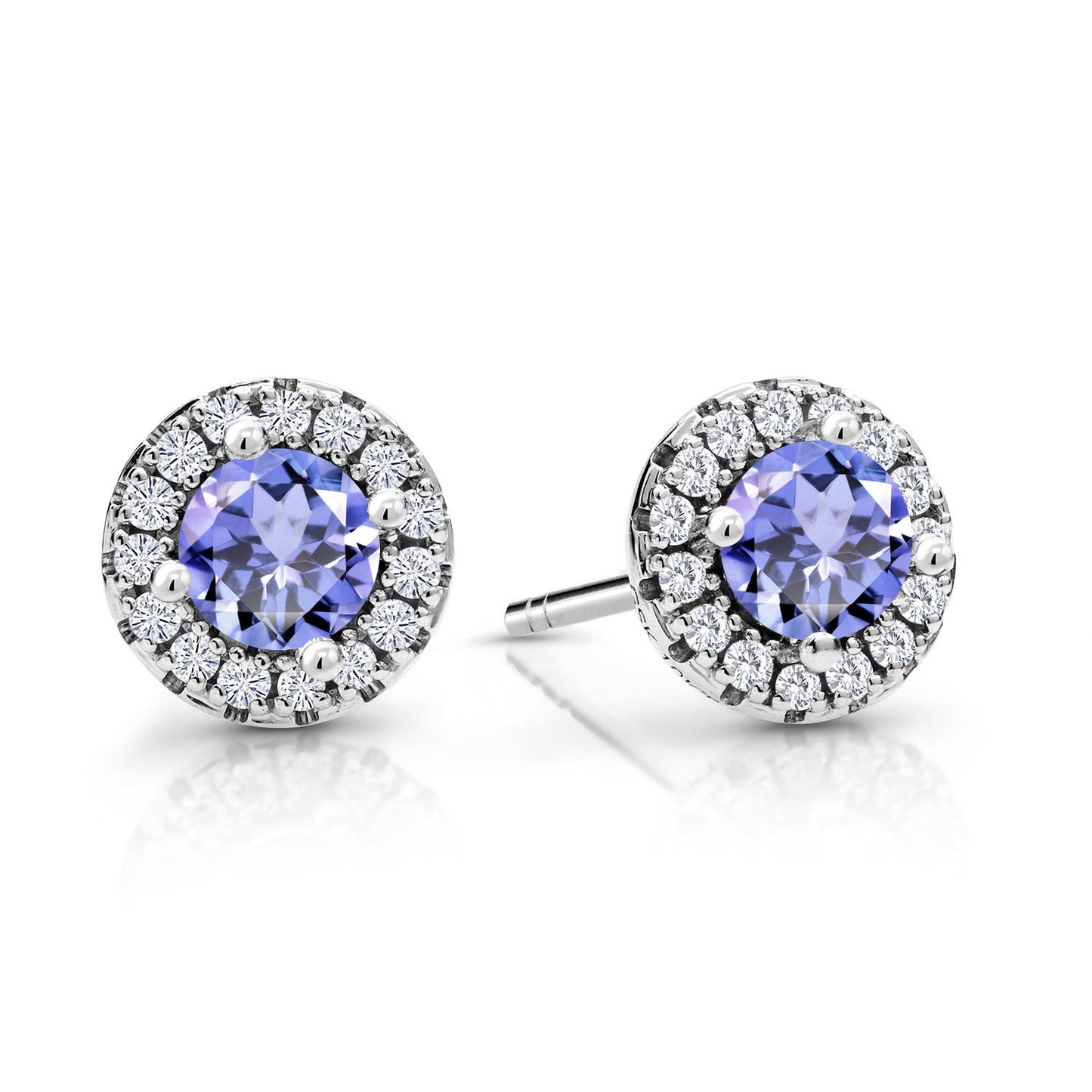 10K White Gold 4MM Round Gemstone Birthstone and White Lab Grown Diamond Halo Earrings | Gold Earrings For Women