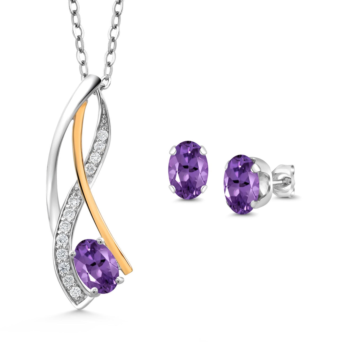 925 Silver and 10K Yellow Gold Oval 6X4MM Gemstone Birthstone and Lab Grown Diamond Pendant Necklace Earrings Set for Women with 18 Inch Chain