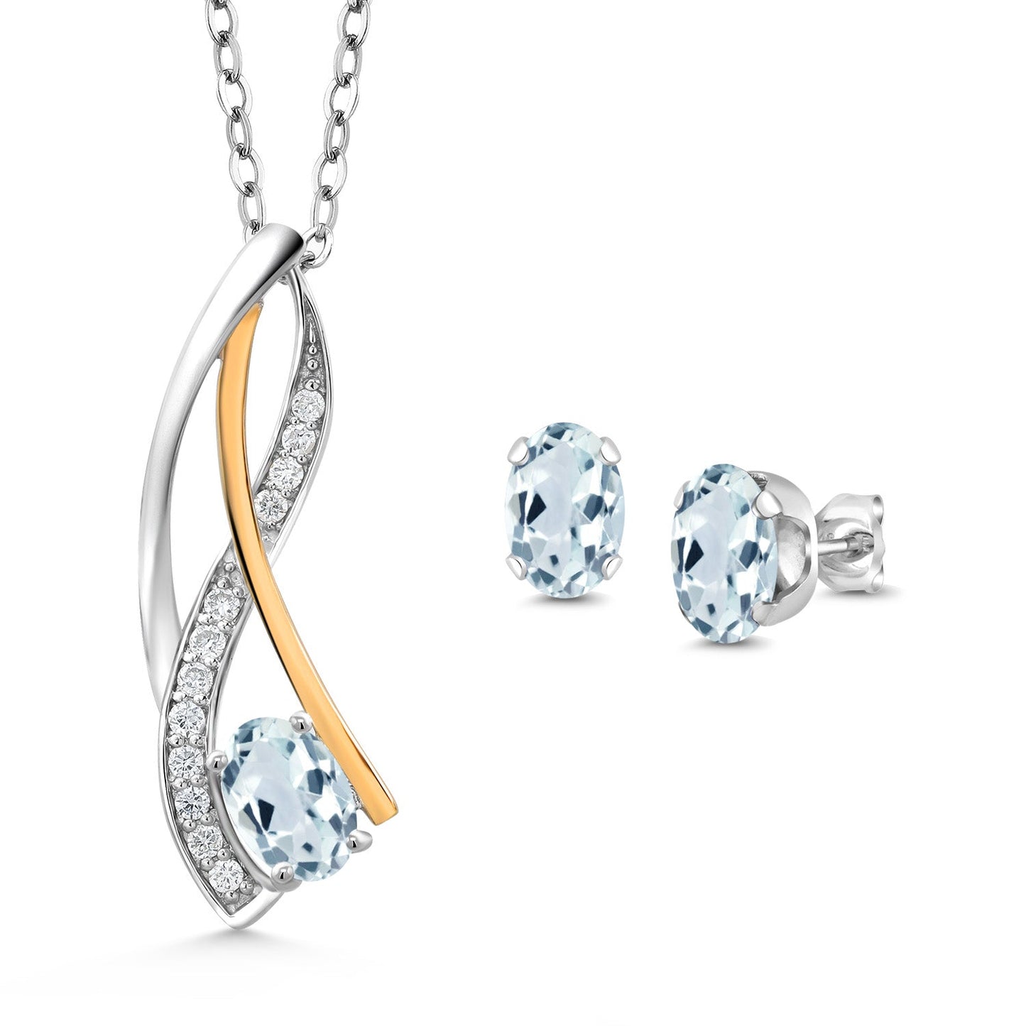 925 Silver and 10K Yellow Gold Oval 6X4MM Gemstone Birthstone and Lab Grown Diamond Pendant Necklace Earrings Set for Women with 18 Inch Chain