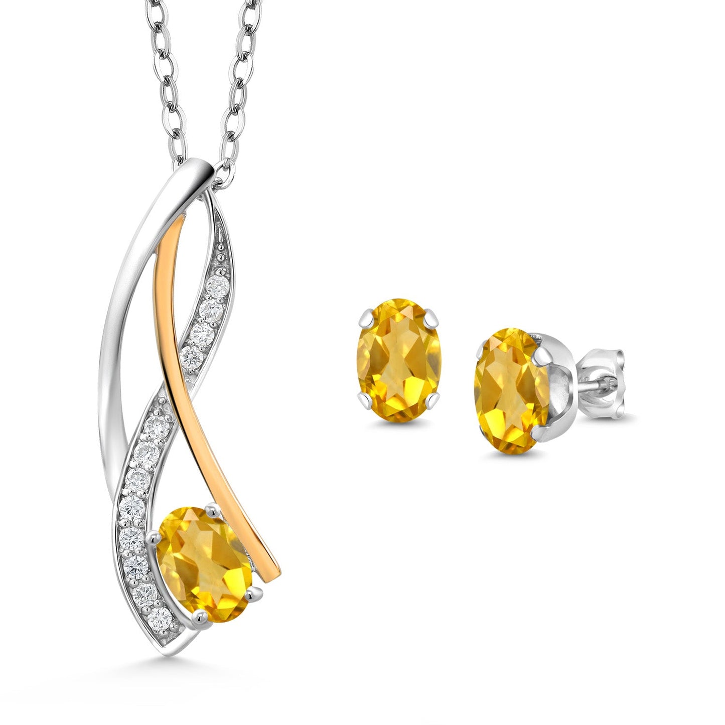 925 Silver and 10K Yellow Gold Oval 6X4MM Gemstone Birthstone and Lab Grown Diamond Pendant Necklace Earrings Set for Women with 18 Inch Chain