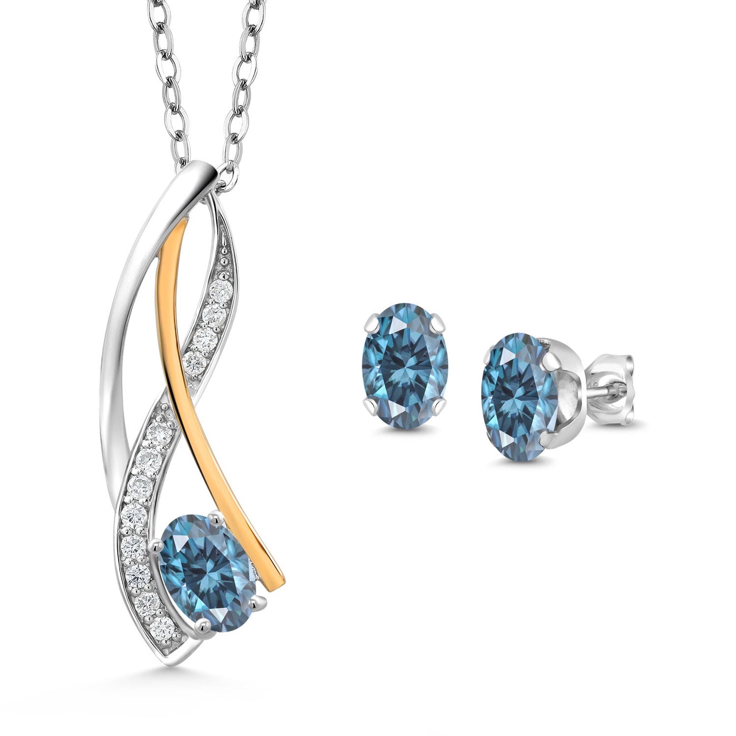 925 Silver and 10K Yellow Gold Oval 6X4MM Gemstone Birthstone and Lab Grown Diamond Pendant Necklace Earrings Set for Women with 18 Inch Chain