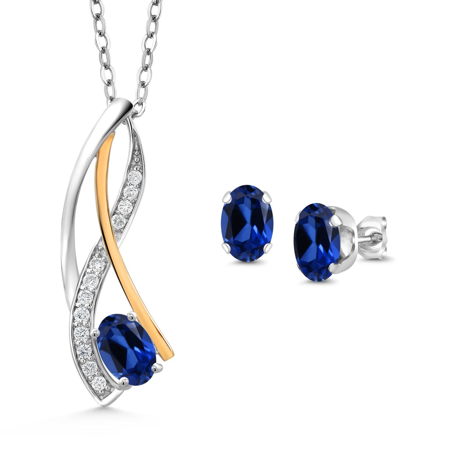 925 Silver and 10K Yellow Gold Oval 6X4MM Gemstone Birthstone and Lab Grown Diamond Pendant Necklace Earrings Set for Women with 18 Inch Chain