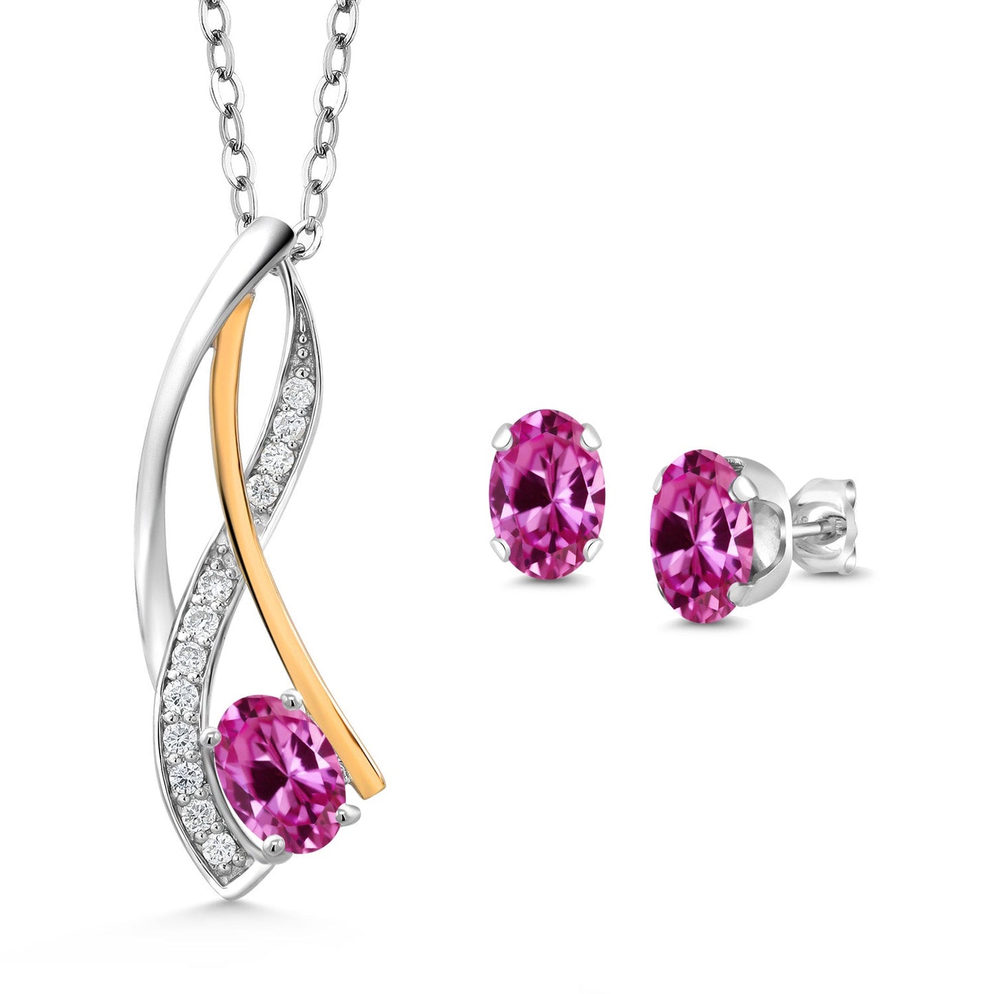 925 Silver and 10K Yellow Gold Oval 6X4MM Gemstone Birthstone and Lab Grown Diamond Pendant Necklace Earrings Set for Women with 18 Inch Chain