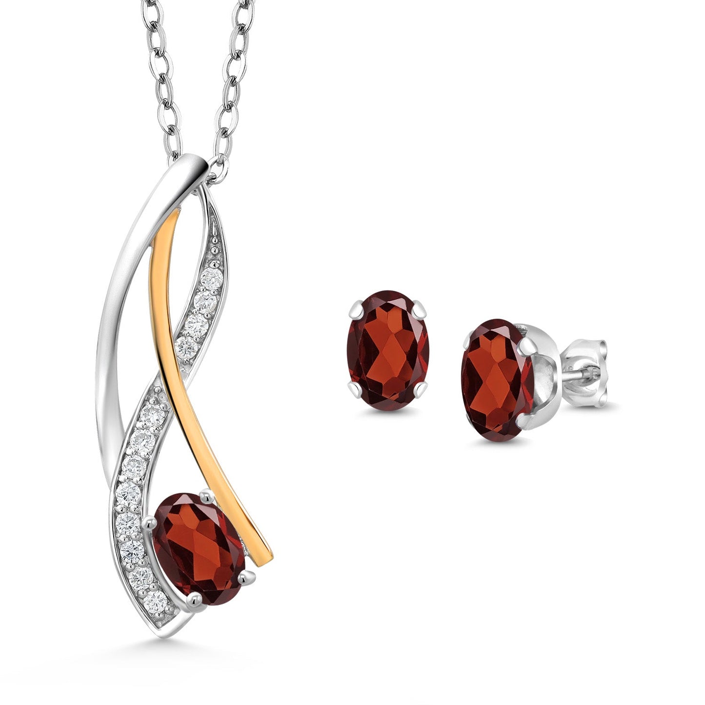 925 Silver and 10K Yellow Gold Oval 6X4MM Gemstone Birthstone and Lab Grown Diamond Pendant Necklace Earrings Set for Women with 18 Inch Chain