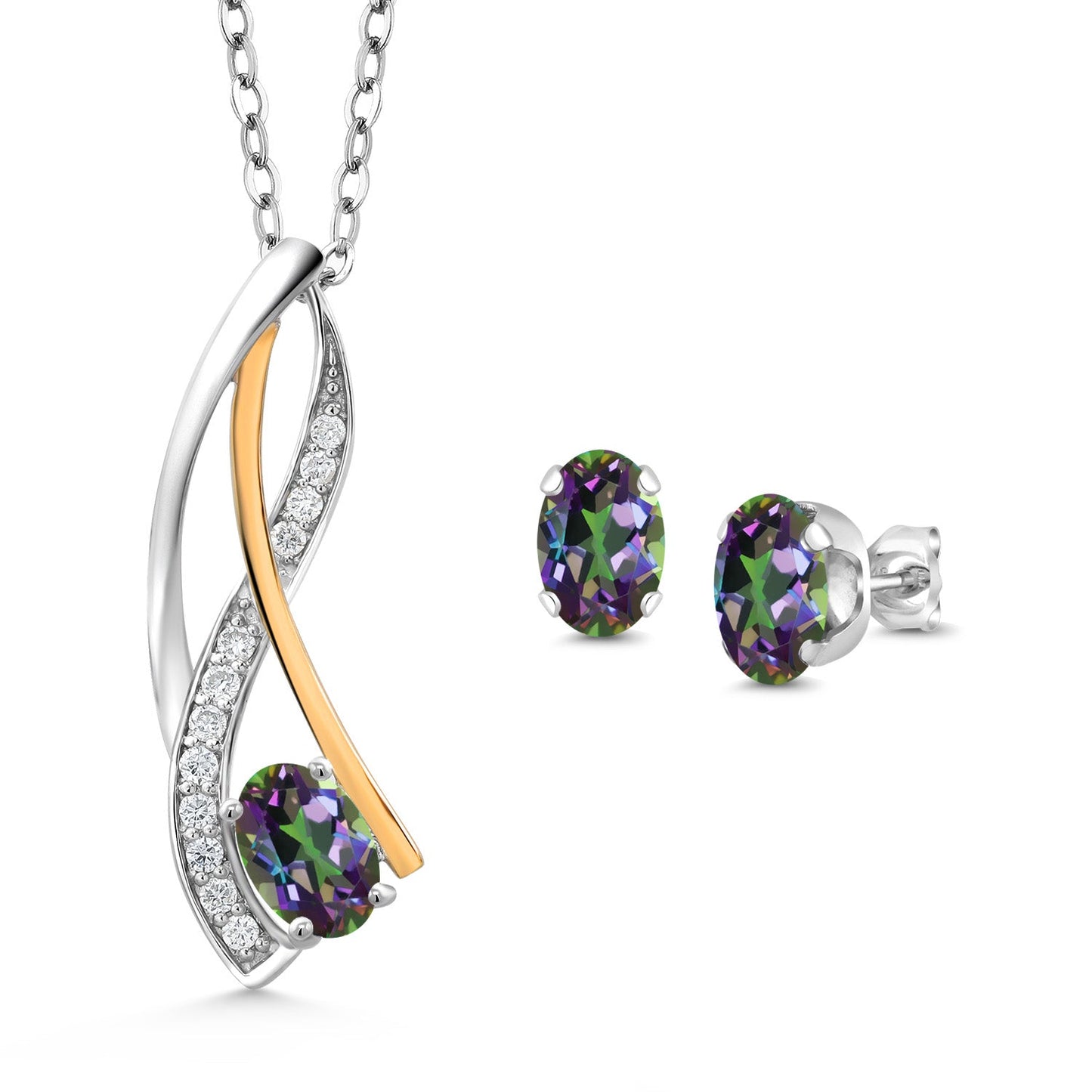 925 Silver and 10K Yellow Gold Oval 6X4MM Gemstone Birthstone and Lab Grown Diamond Pendant Necklace Earrings Set for Women with 18 Inch Chain