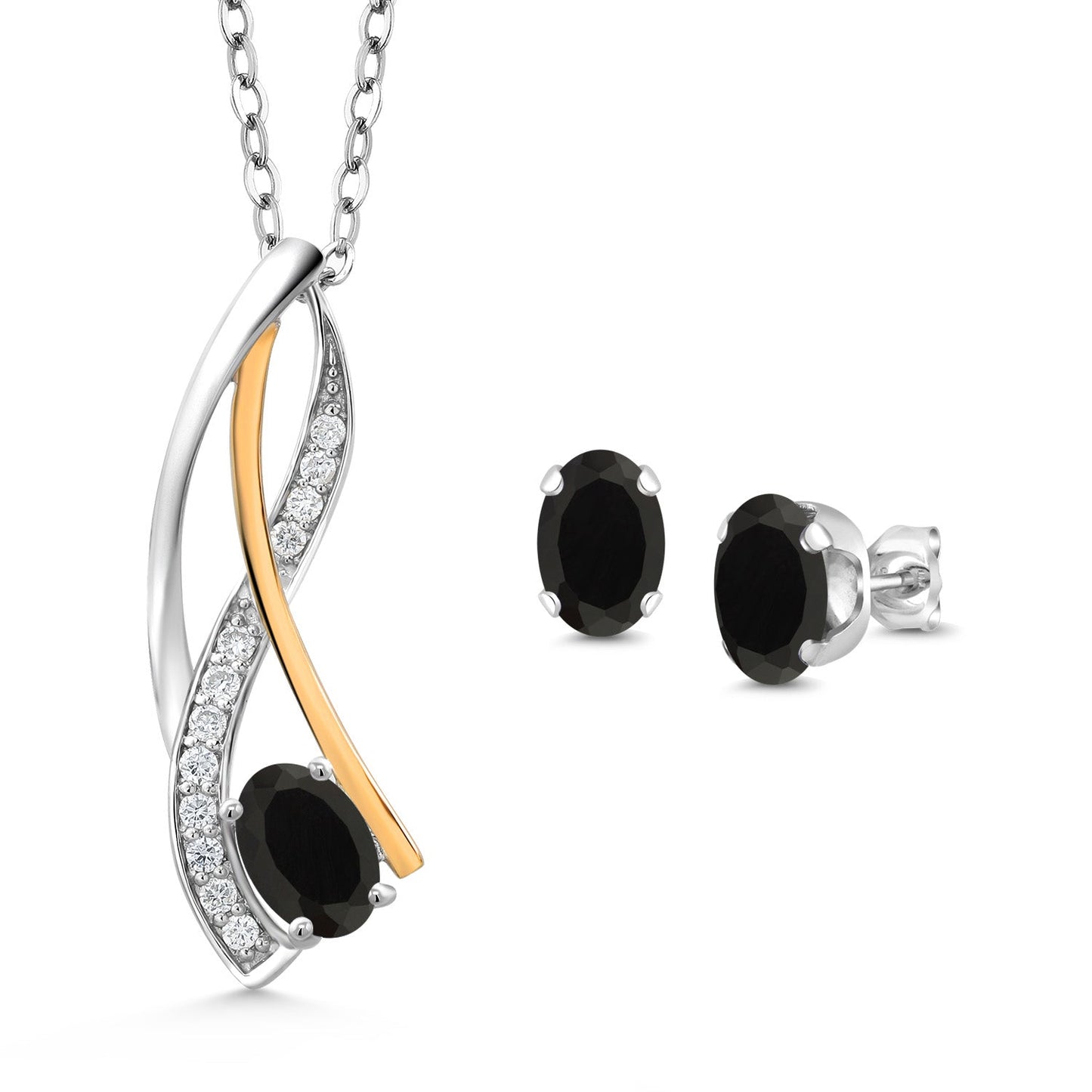 925 Silver and 10K Yellow Gold Oval 6X4MM Gemstone Birthstone and Lab Grown Diamond Pendant Necklace Earrings Set for Women with 18 Inch Chain