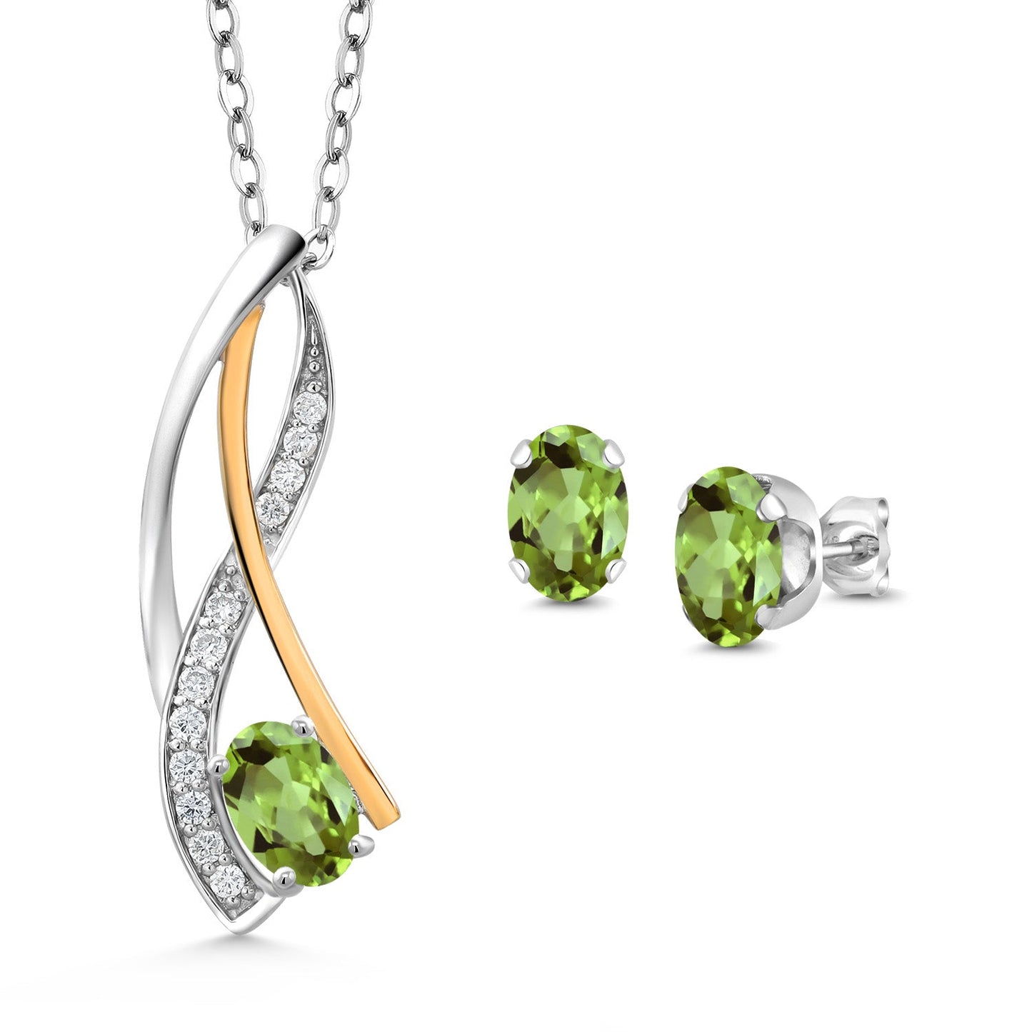 925 Silver and 10K Yellow Gold Oval 6X4MM Gemstone Birthstone and Lab Grown Diamond Pendant Necklace Earrings Set for Women with 18 Inch Chain