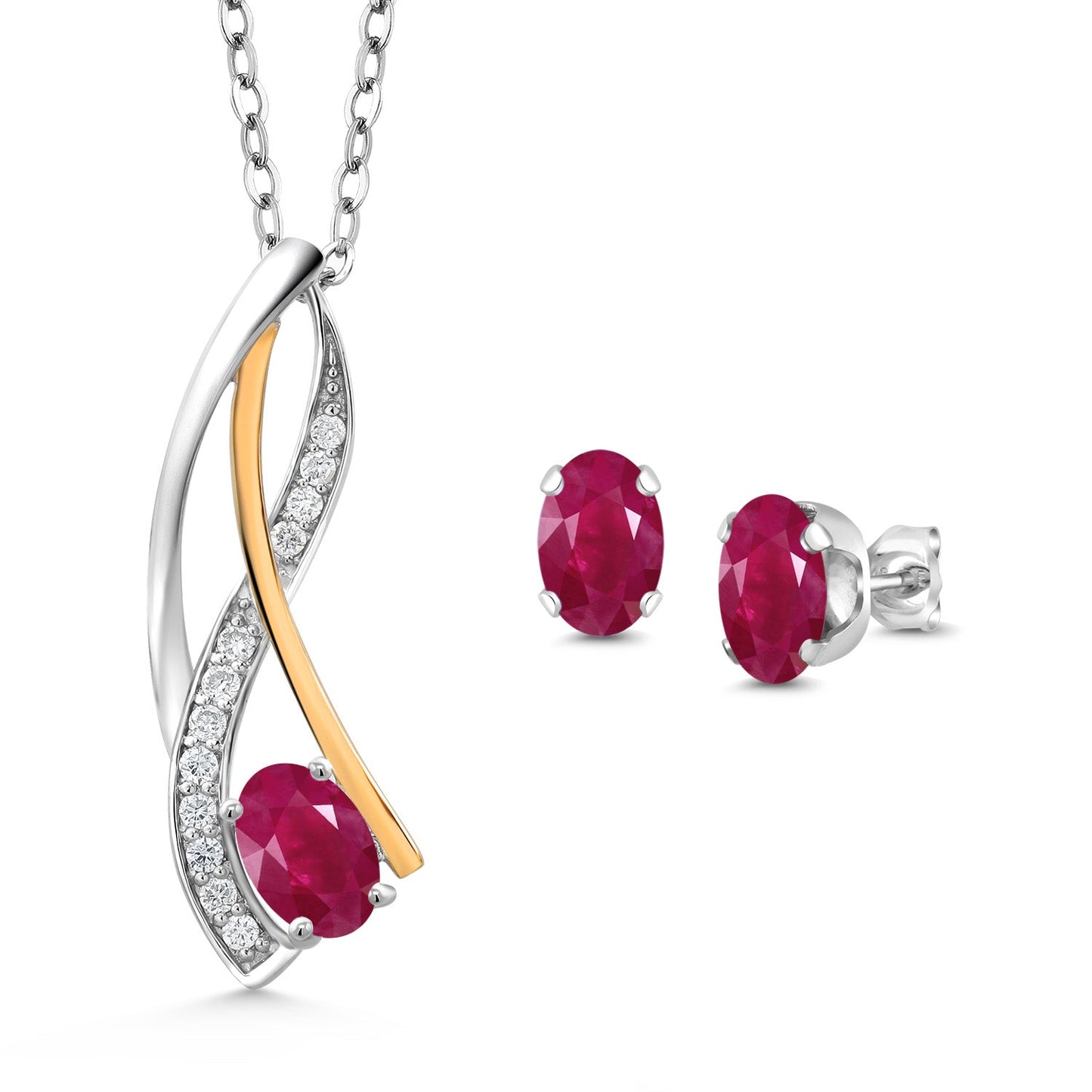 925 Silver and 10K Yellow Gold Oval 6X4MM Gemstone Birthstone and Lab Grown Diamond Pendant Necklace Earrings Set for Women with 18 Inch Chain