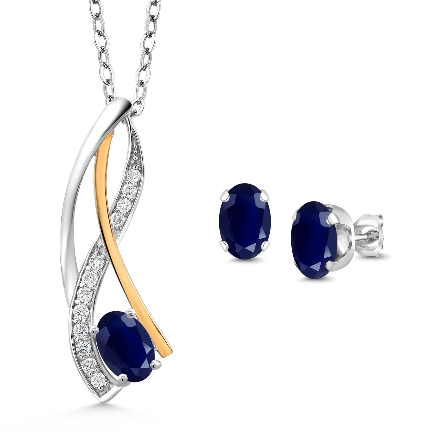 925 Silver and 10K Yellow Gold Oval 6X4MM Gemstone Birthstone and Lab Grown Diamond Pendant Necklace Earrings Set for Women with 18 Inch Chain