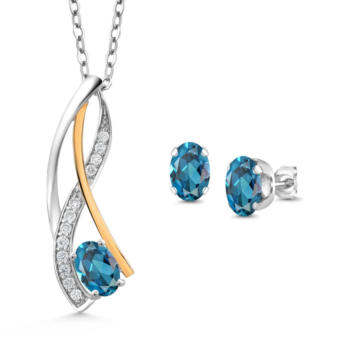 925 Silver and 10K Yellow Gold Oval 6X4MM Gemstone Birthstone and Lab Grown Diamond Pendant Necklace Earrings Set for Women with 18 Inch Chain