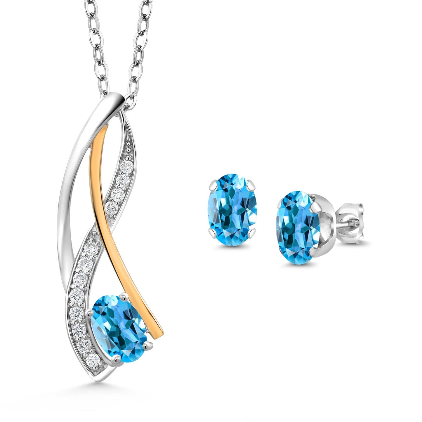 925 Silver and 10K Yellow Gold Oval 6X4MM Gemstone Birthstone and Lab Grown Diamond Pendant Necklace Earrings Set for Women with 18 Inch Chain