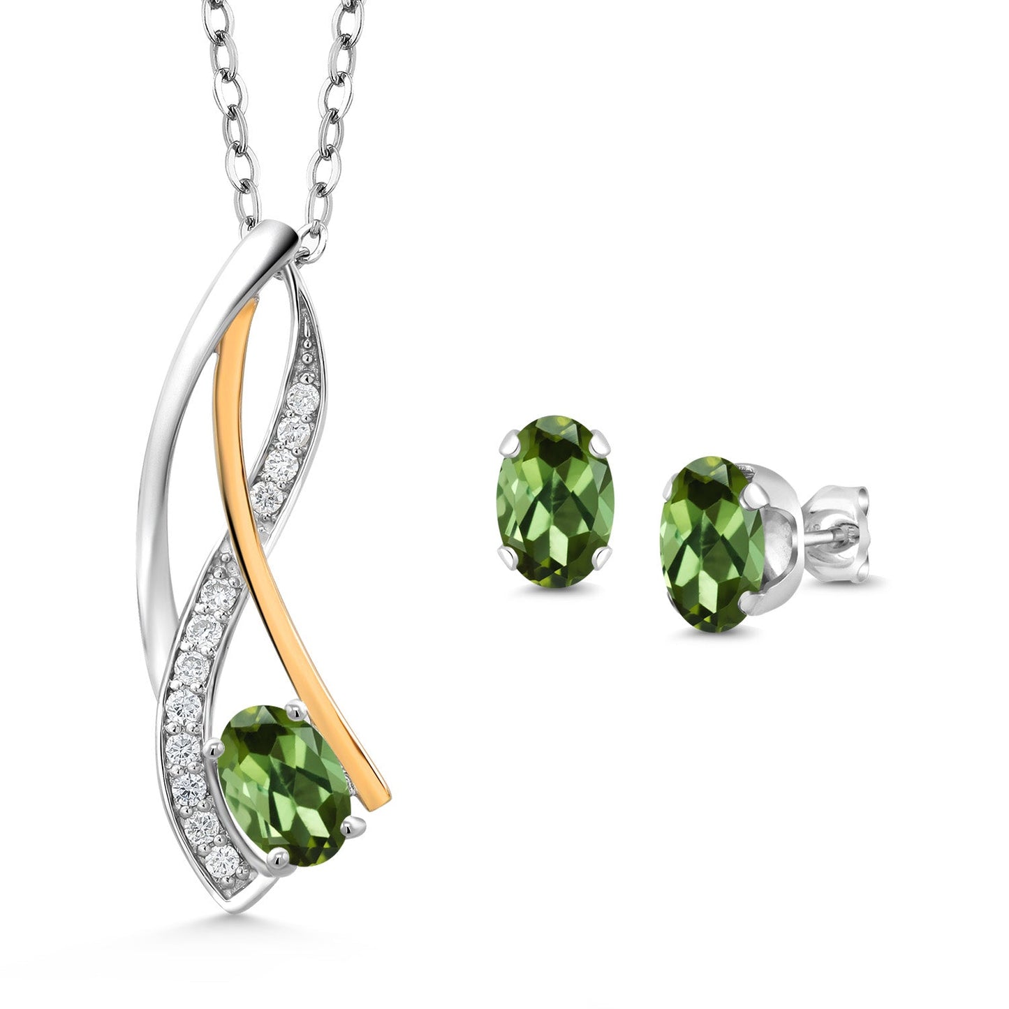 925 Silver and 10K Yellow Gold Oval 6X4MM Gemstone Birthstone and Lab Grown Diamond Pendant Necklace Earrings Set for Women with 18 Inch Chain