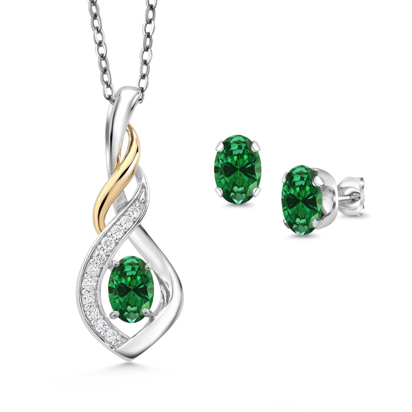 925 Silver and 10K Yellow Gold 6X4MM Oval Gemstone Birthstone & Lab Grown Diamond Pendant and Earrings Jewelry Set For Women with 18 Inch Chain