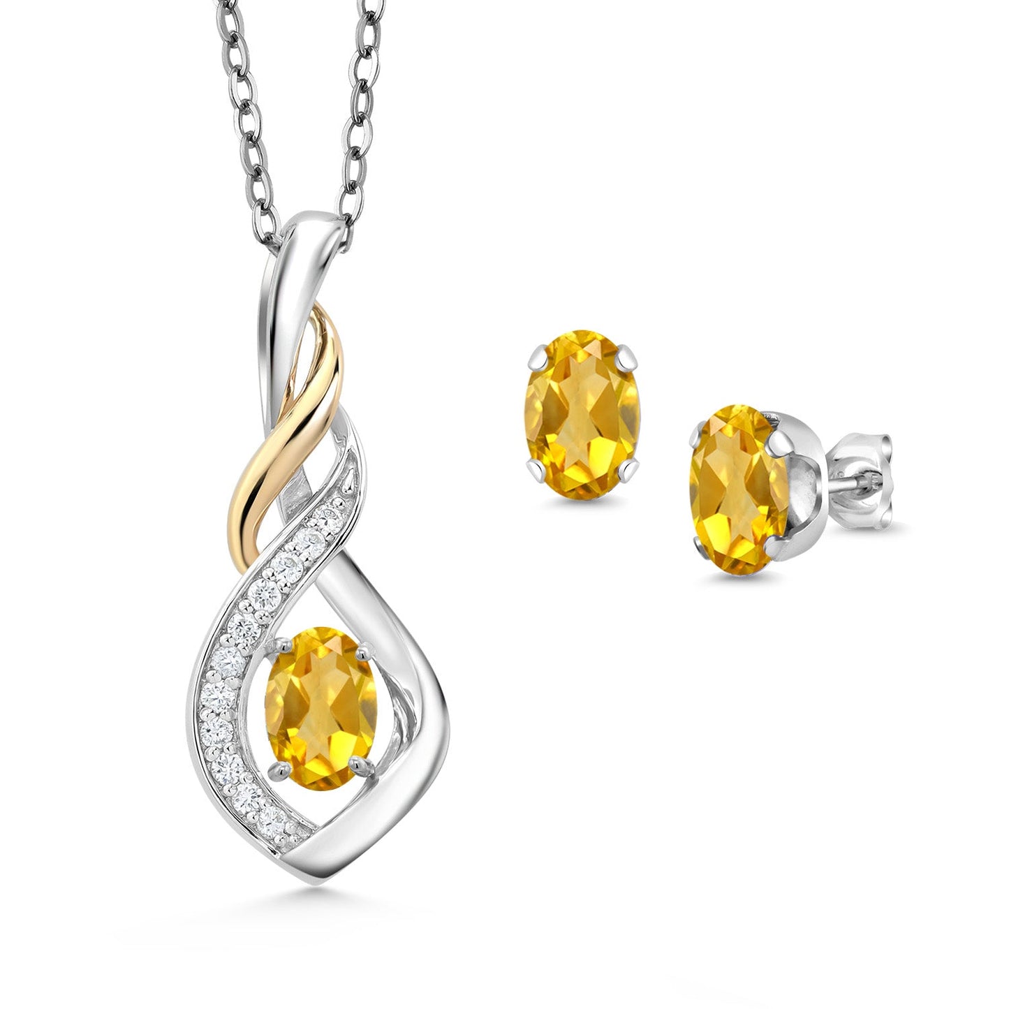 925 Silver and 10K Yellow Gold 6X4MM Oval Gemstone Birthstone & Lab Grown Diamond Pendant and Earrings Jewelry Set For Women with 18 Inch Chain