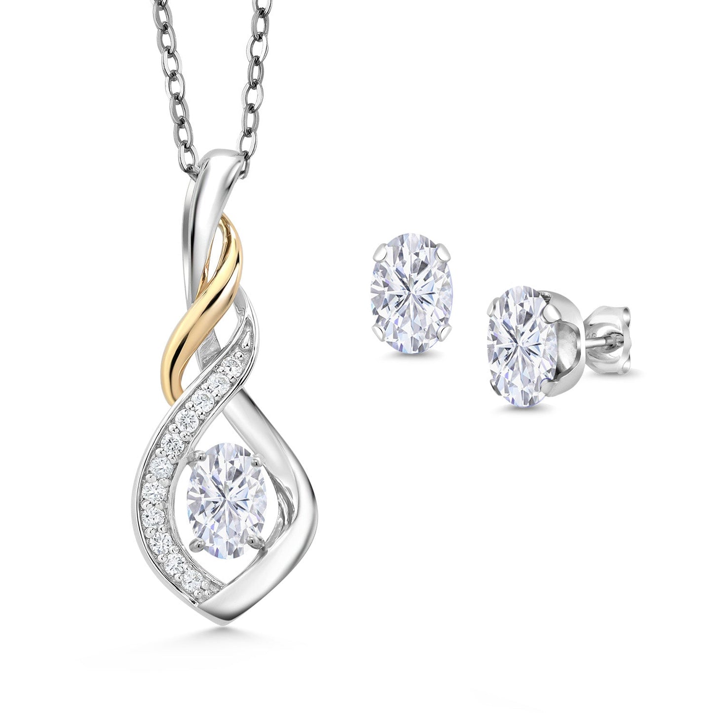 925 Silver and 10K Yellow Gold 6X4MM Oval Gemstone Birthstone & Lab Grown Diamond Pendant and Earrings Jewelry Set For Women with 18 Inch Chain