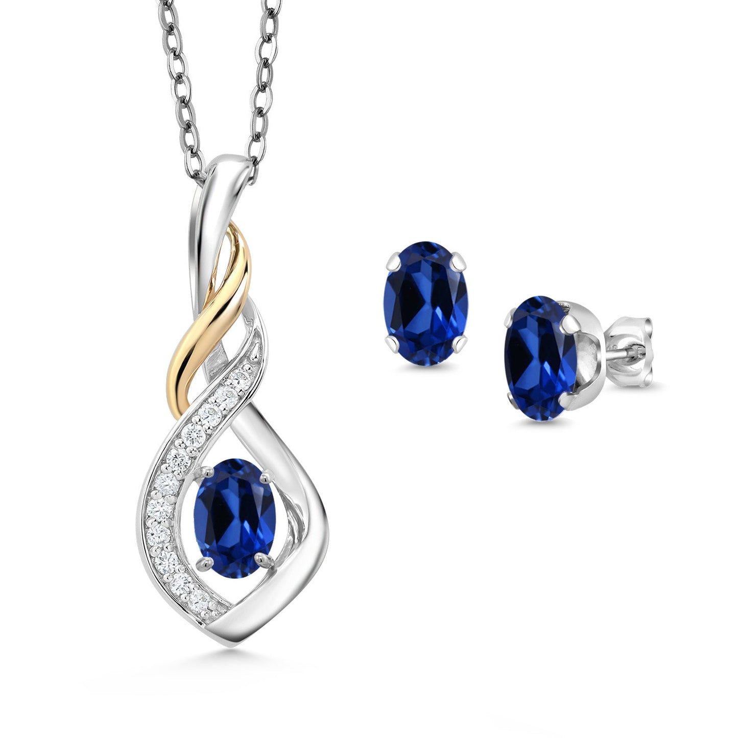 925 Silver and 10K Yellow Gold 6X4MM Oval Gemstone Birthstone & Lab Grown Diamond Pendant and Earrings Jewelry Set For Women with 18 Inch Chain