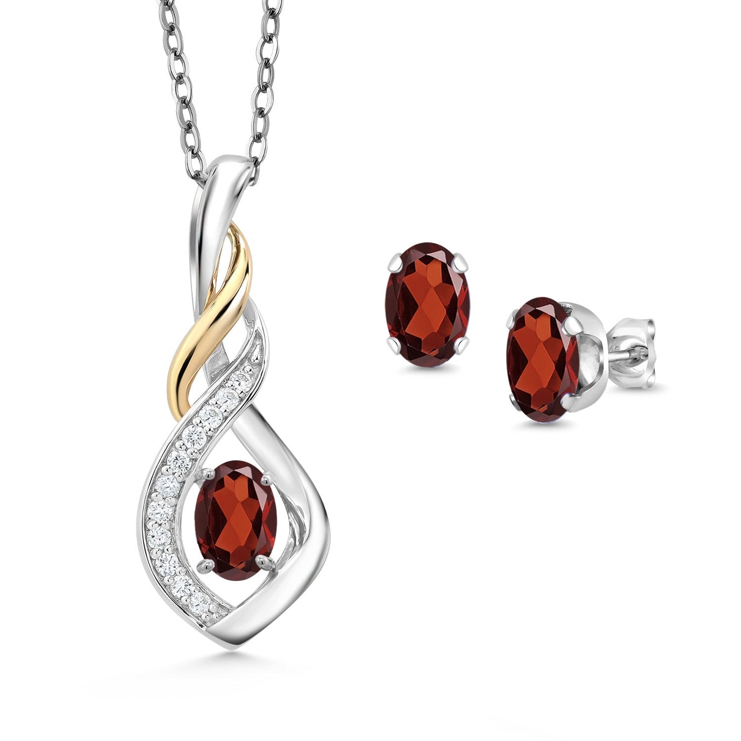 925 Silver and 10K Yellow Gold 6X4MM Oval Gemstone Birthstone & Lab Grown Diamond Pendant and Earrings Jewelry Set For Women with 18 Inch Chain