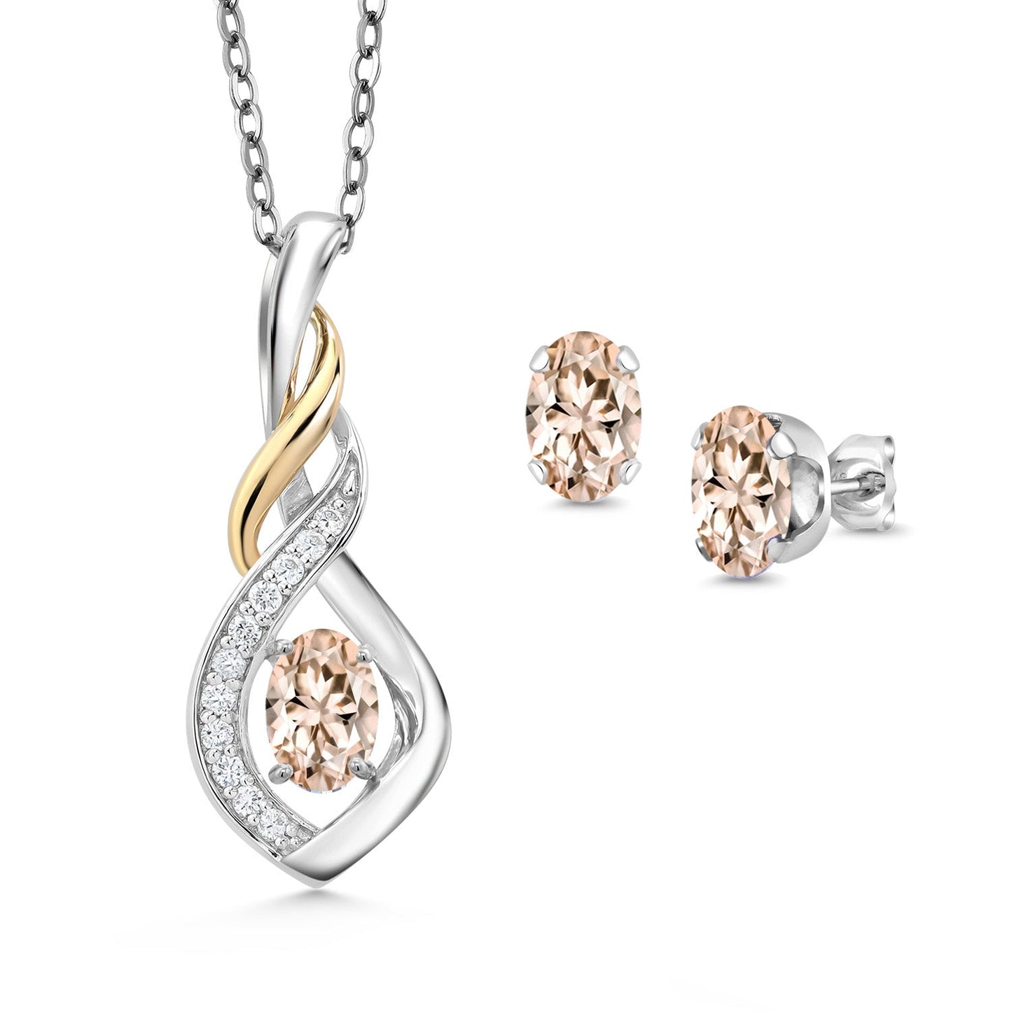 925 Silver and 10K Yellow Gold 6X4MM Oval Gemstone Birthstone & Lab Grown Diamond Pendant and Earrings Jewelry Set For Women with 18 Inch Chain