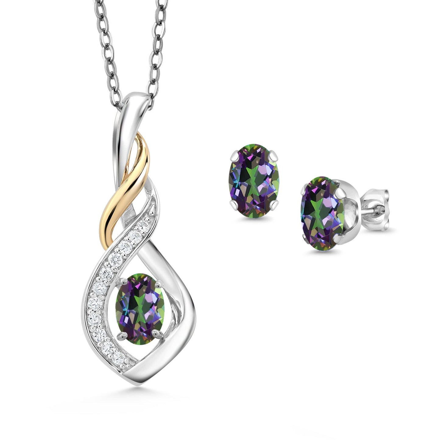 925 Silver and 10K Yellow Gold 6X4MM Oval Gemstone Birthstone & Lab Grown Diamond Pendant and Earrings Jewelry Set For Women with 18 Inch Chain