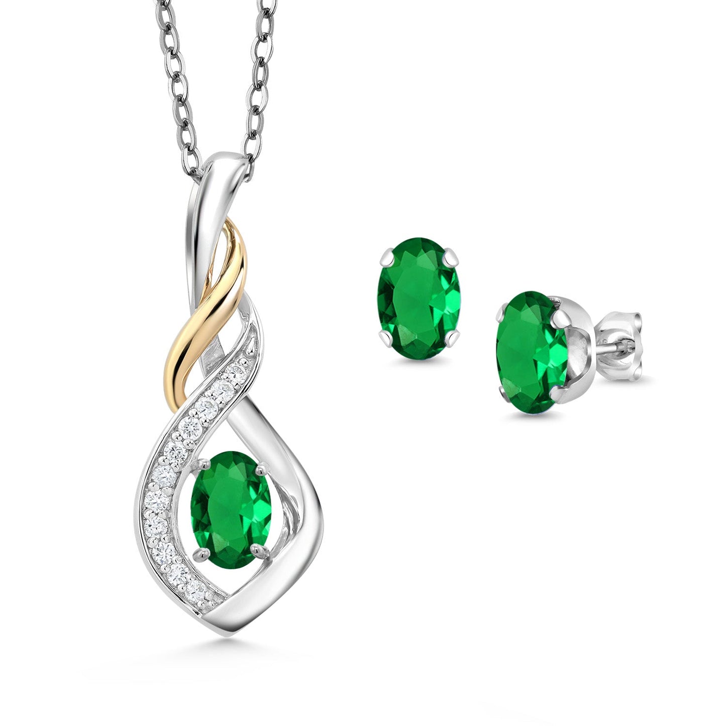 925 Silver and 10K Yellow Gold 6X4MM Oval Gemstone Birthstone & Lab Grown Diamond Pendant and Earrings Jewelry Set For Women with 18 Inch Chain