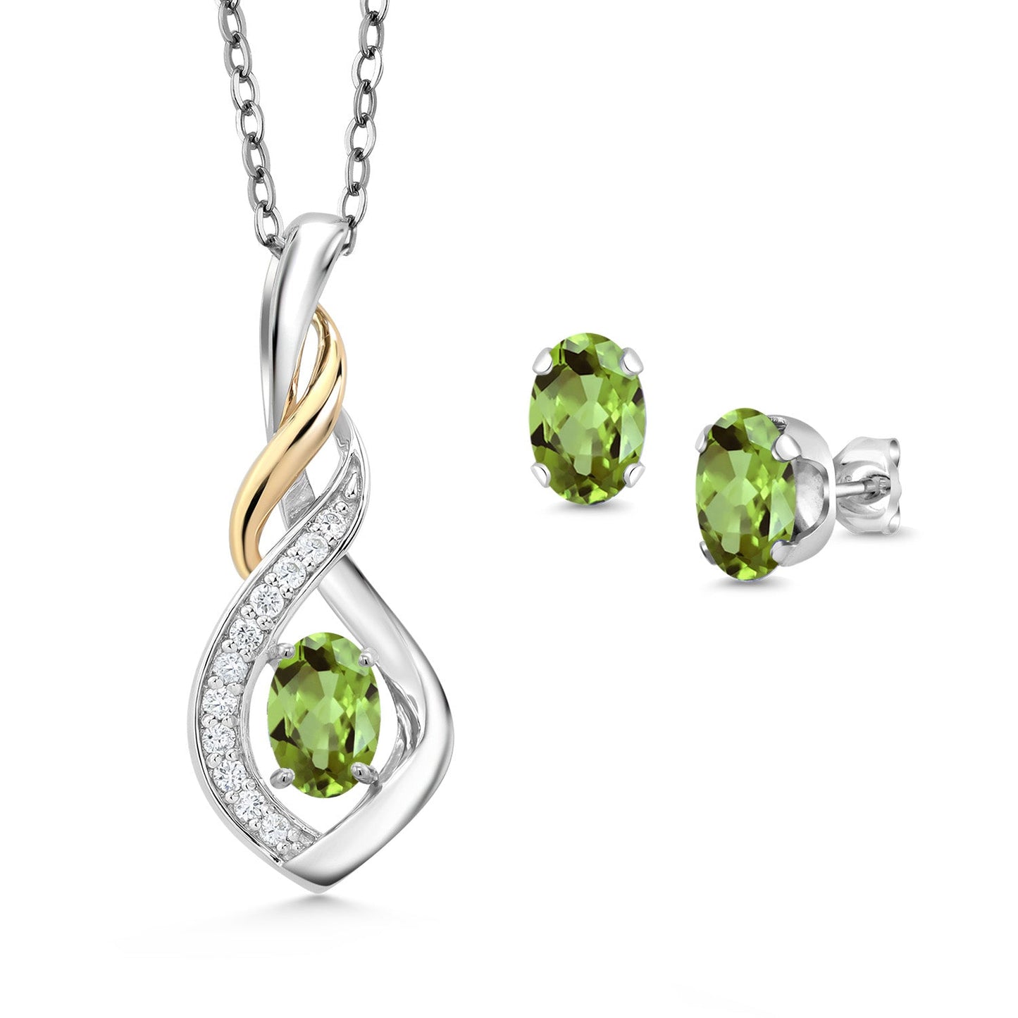 925 Silver and 10K Yellow Gold 6X4MM Oval Gemstone Birthstone & Lab Grown Diamond Pendant and Earrings Jewelry Set For Women with 18 Inch Chain