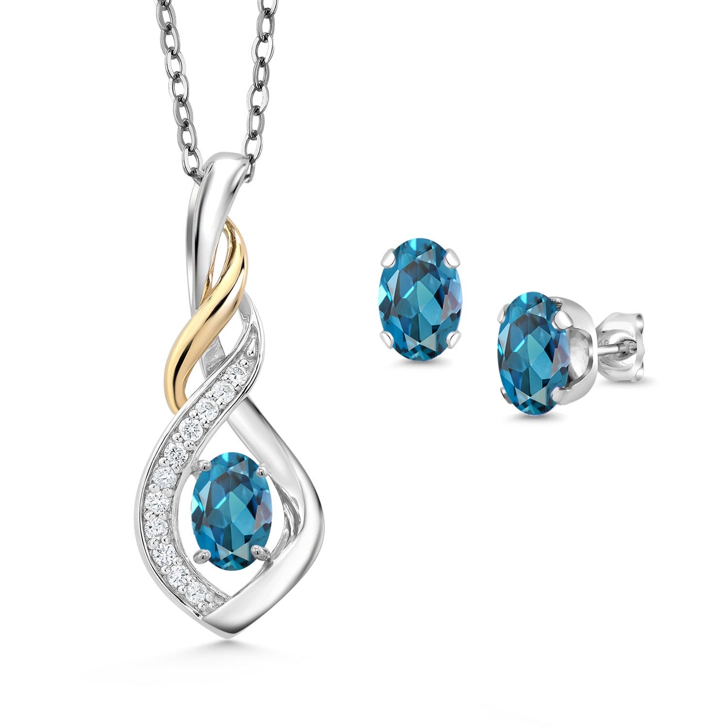 925 Silver and 10K Yellow Gold 6X4MM Oval Gemstone Birthstone & Lab Grown Diamond Pendant and Earrings Jewelry Set For Women with 18 Inch Chain