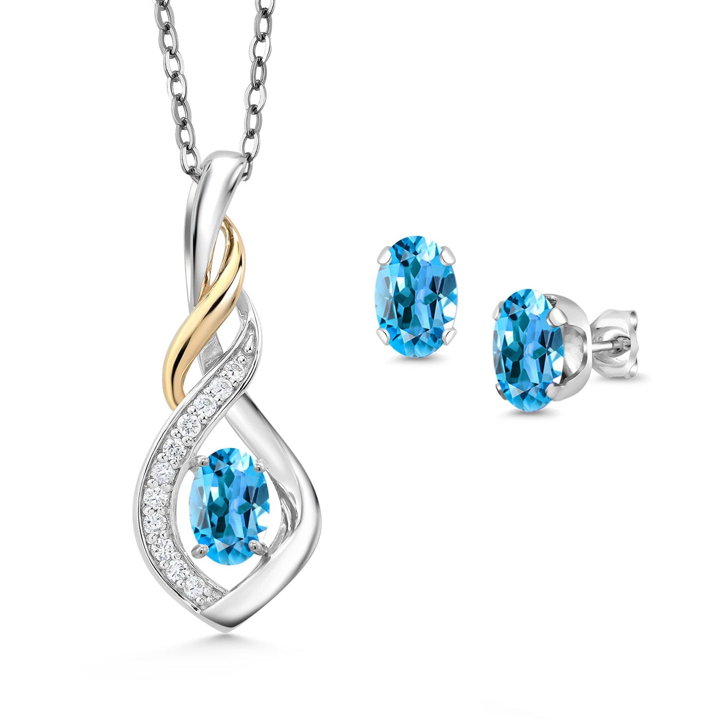 925 Silver and 10K Yellow Gold 6X4MM Oval Gemstone Birthstone & Lab Grown Diamond Pendant and Earrings Jewelry Set For Women with 18 Inch Chain