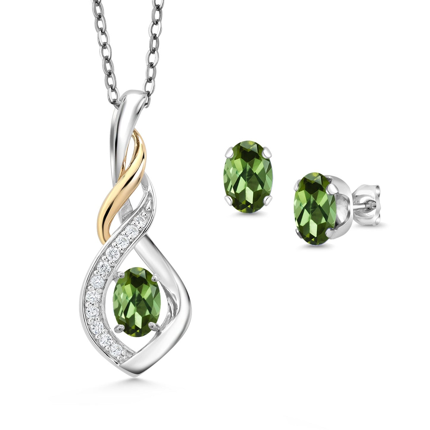 925 Silver and 10K Yellow Gold 6X4MM Oval Gemstone Birthstone & Lab Grown Diamond Pendant and Earrings Jewelry Set For Women with 18 Inch Chain