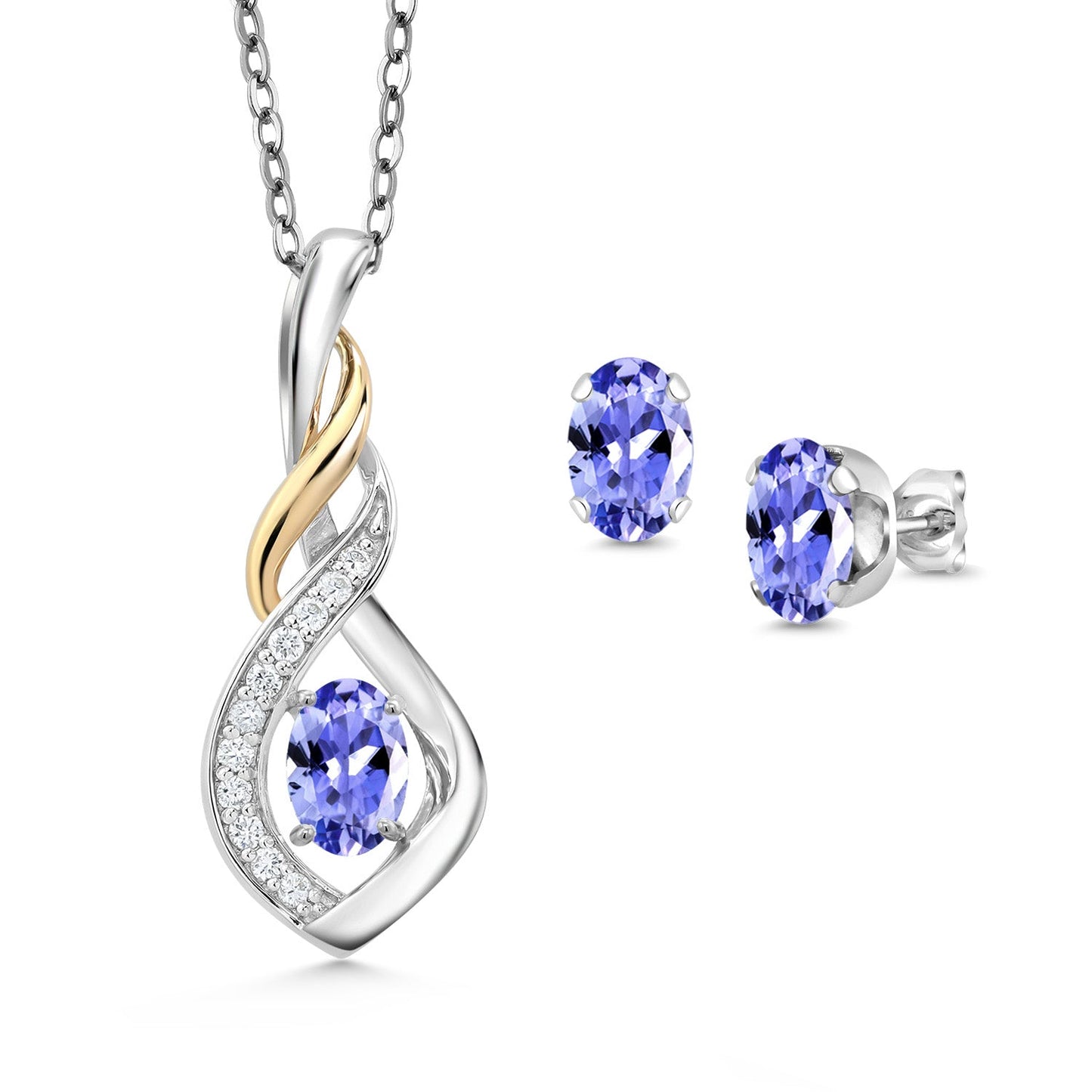 925 Silver and 10K Yellow Gold 6X4MM Oval Gemstone Birthstone & Lab Grown Diamond Pendant and Earrings Jewelry Set For Women with 18 Inch Chain