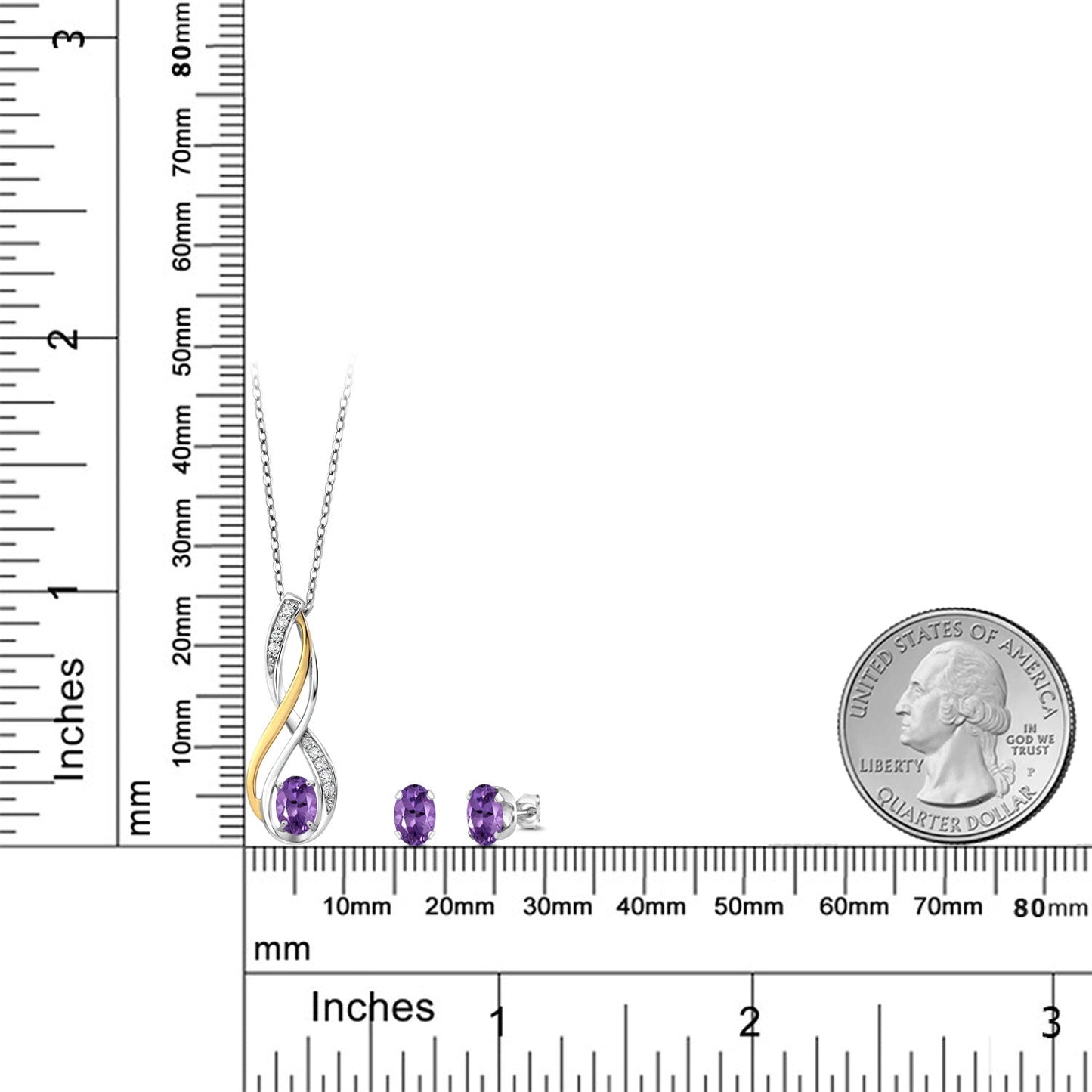 925 Silver and 10K Yellow Gold Oval 6X4MM Gemstone Birthstone and White Lab Grown Diamond Pendant and Earrings Jewelry Set For Women | With 18 Inch Chain