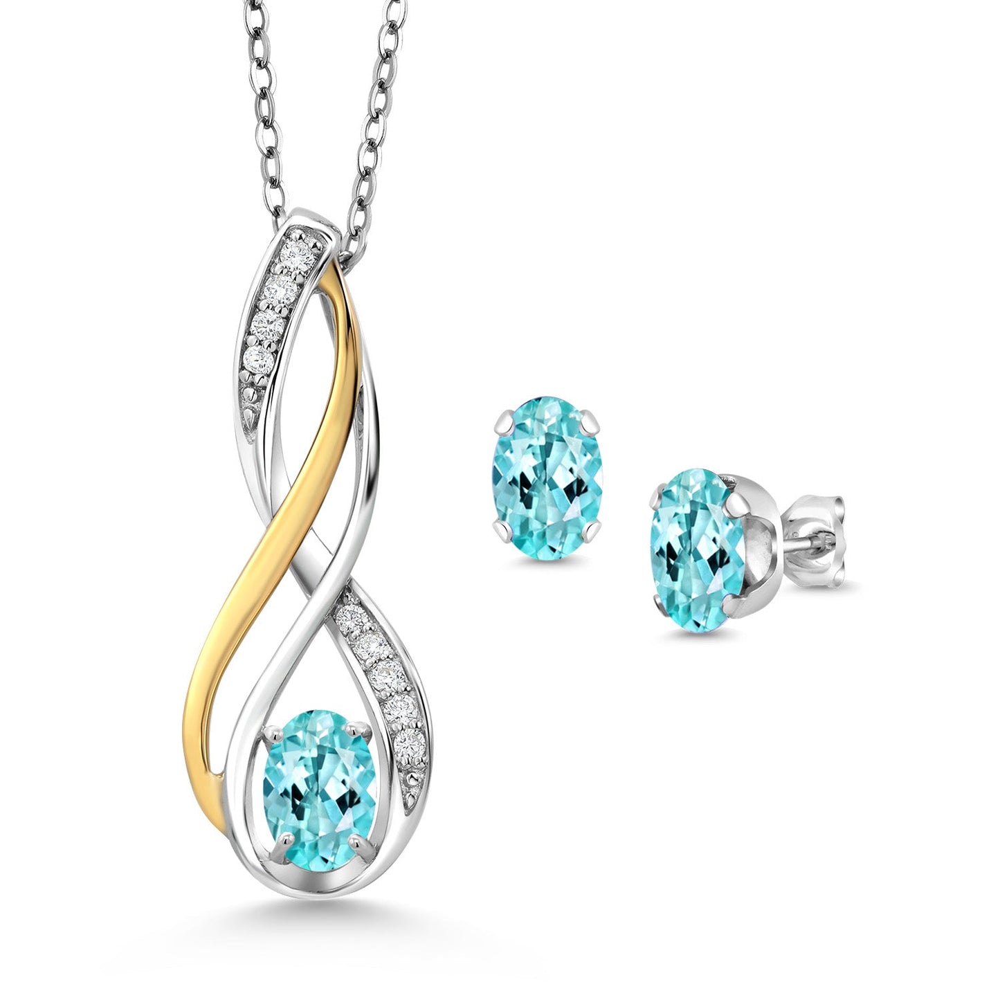 925 Silver and 10K Yellow Gold Oval 6X4MM Gemstone Birthstone and White Lab Grown Diamond Pendant and Earrings Jewelry Set For Women | With 18 Inch Chain