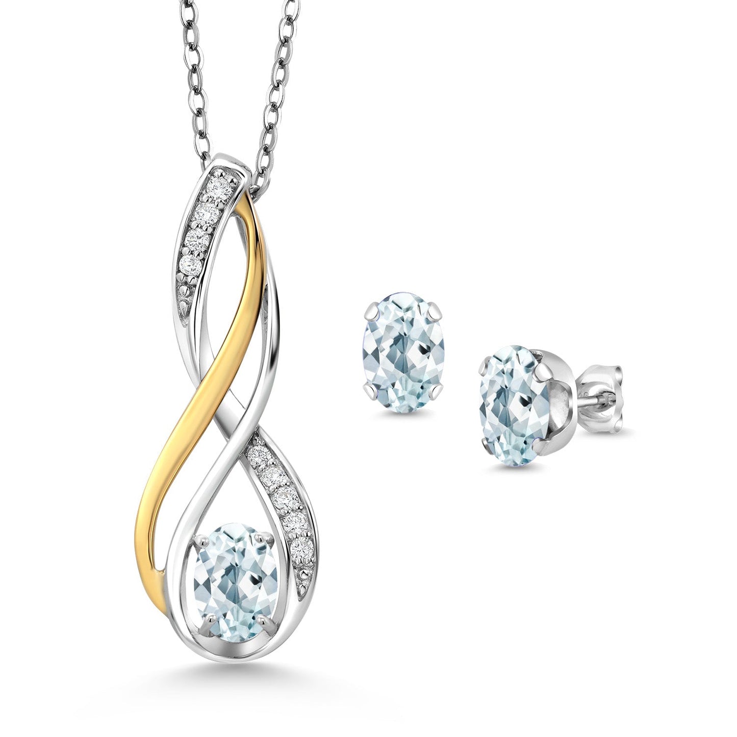 925 Silver and 10K Yellow Gold Oval 6X4MM Gemstone Birthstone and White Lab Grown Diamond Pendant and Earrings Jewelry Set For Women | With 18 Inch Chain