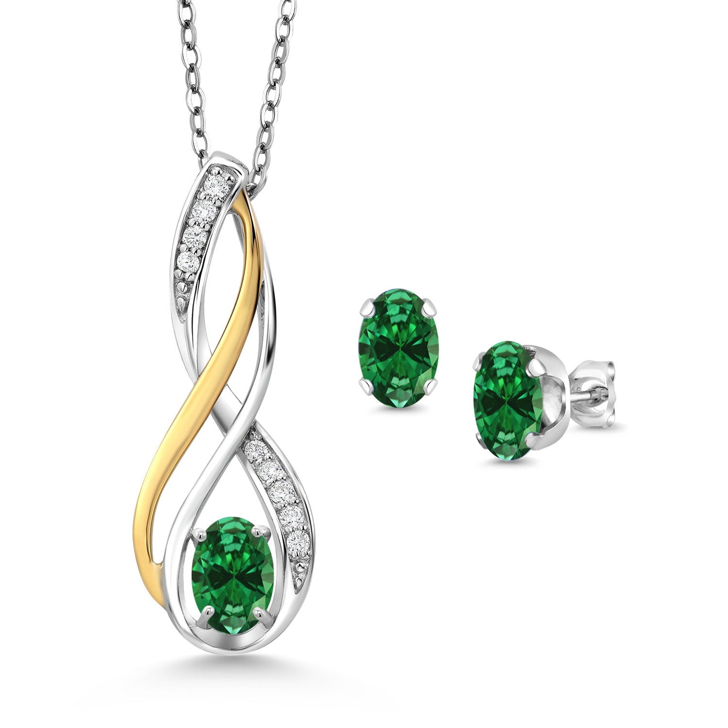 925 Silver and 10K Yellow Gold Oval 6X4MM Gemstone Birthstone and White Lab Grown Diamond Pendant and Earrings Jewelry Set For Women | With 18 Inch Chain