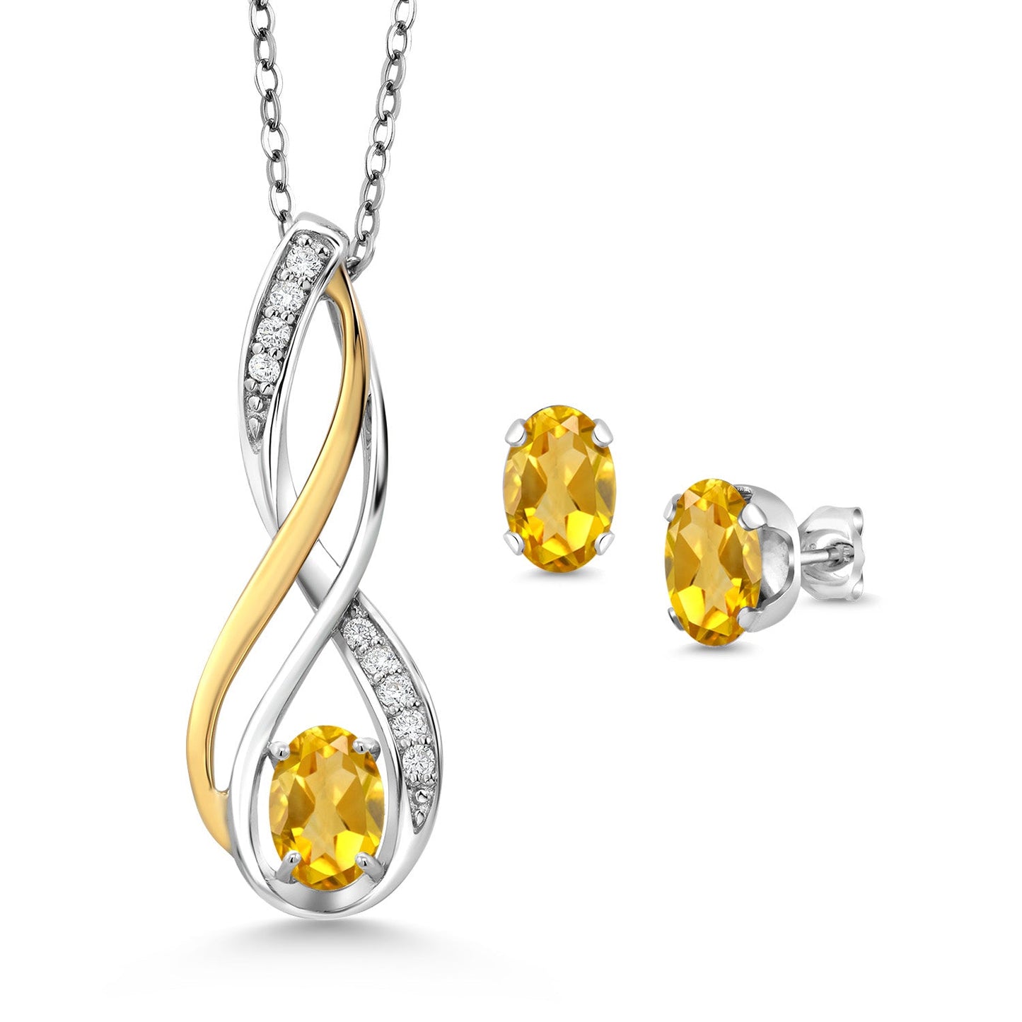 925 Silver and 10K Yellow Gold Oval 6X4MM Gemstone Birthstone and White Lab Grown Diamond Pendant and Earrings Jewelry Set For Women | With 18 Inch Chain