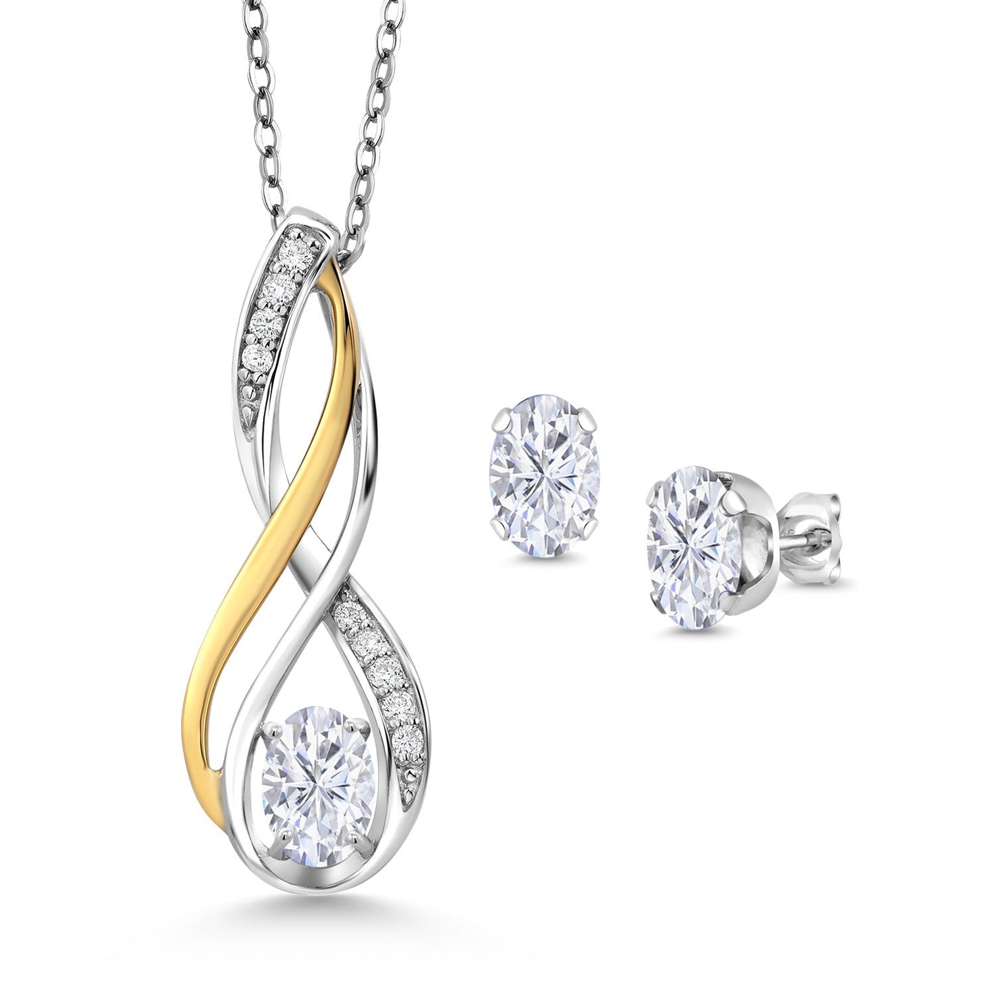 925 Silver and 10K Yellow Gold Oval 6X4MM Gemstone Birthstone and White Lab Grown Diamond Pendant and Earrings Jewelry Set For Women | With 18 Inch Chain