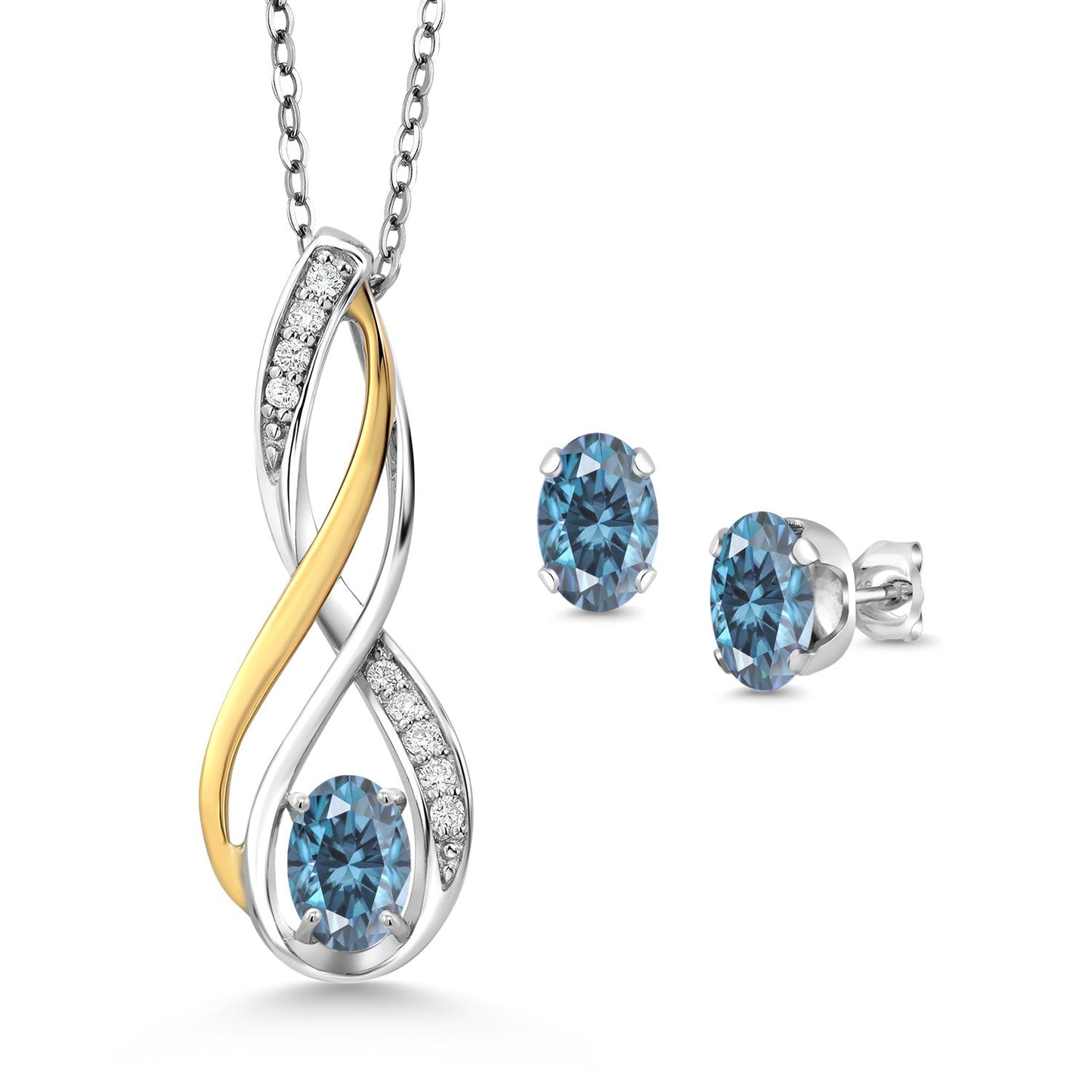 925 Silver and 10K Yellow Gold Oval 6X4MM Gemstone Birthstone and White Lab Grown Diamond Pendant and Earrings Jewelry Set For Women | With 18 Inch Chain