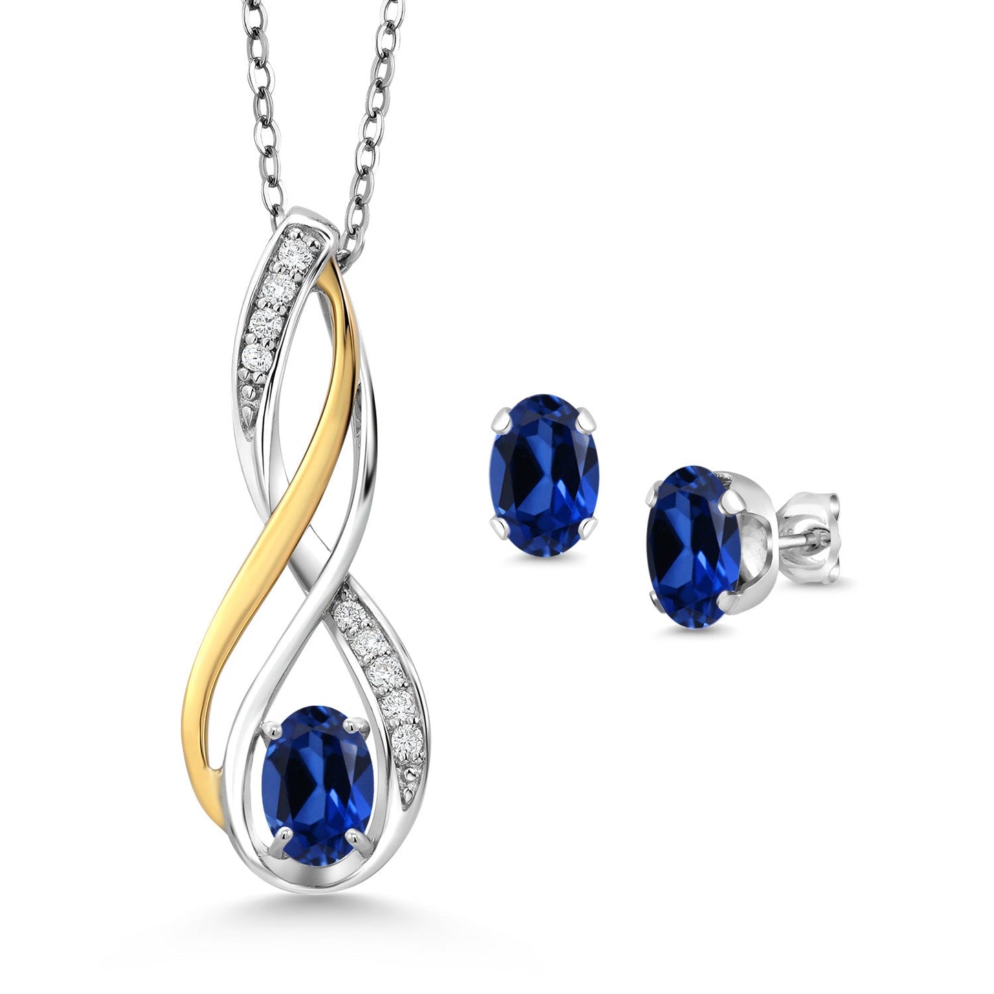 925 Silver and 10K Yellow Gold Oval 6X4MM Gemstone Birthstone and White Lab Grown Diamond Pendant and Earrings Jewelry Set For Women | With 18 Inch Chain