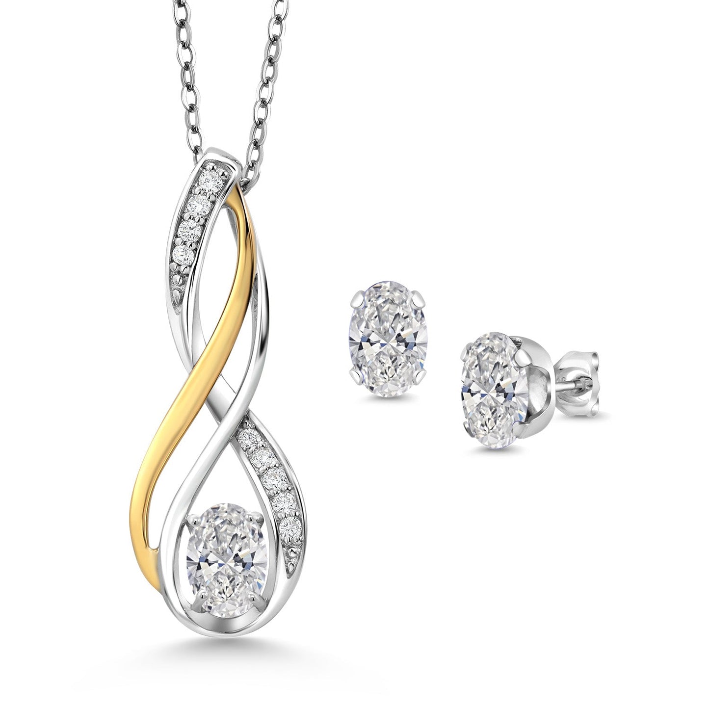 925 Silver and 10K Yellow Gold Oval 6X4MM Gemstone Birthstone and White Lab Grown Diamond Pendant and Earrings Jewelry Set For Women | With 18 Inch Chain