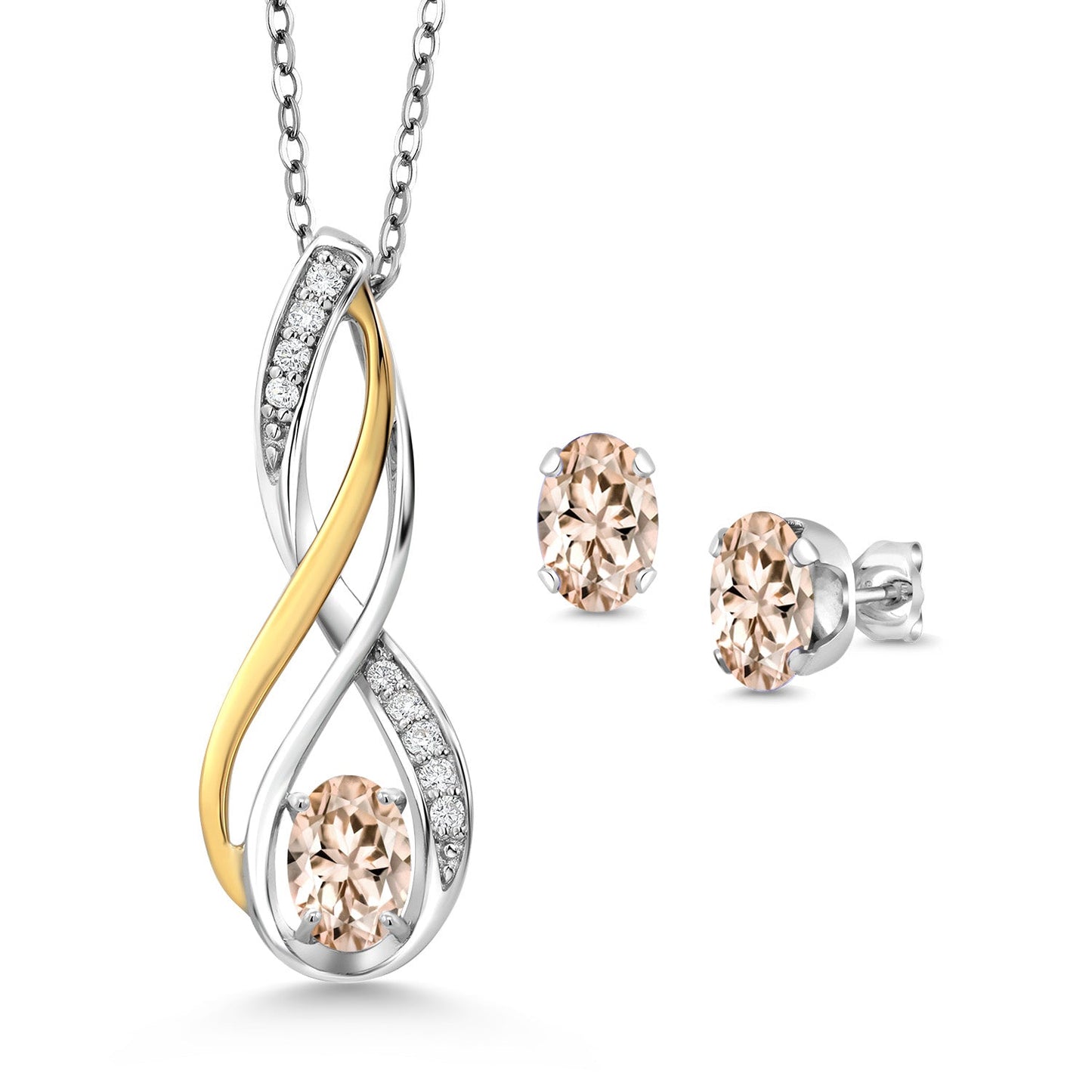 925 Silver and 10K Yellow Gold Oval 6X4MM Gemstone Birthstone and White Lab Grown Diamond Pendant and Earrings Jewelry Set For Women | With 18 Inch Chain